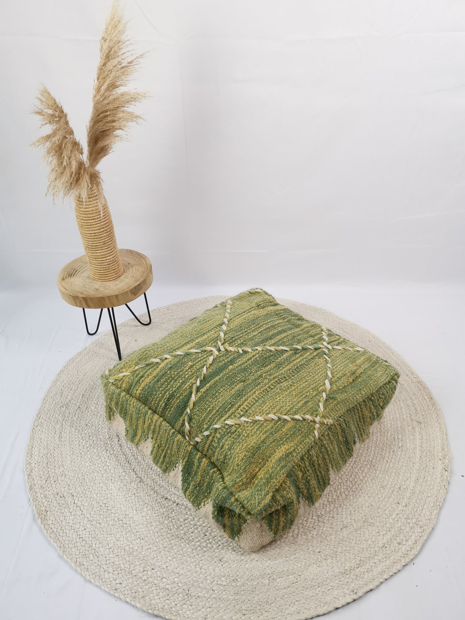 Moroccan vintage pouf colorful, wool seat cushion, vintage Berber floor cushion green