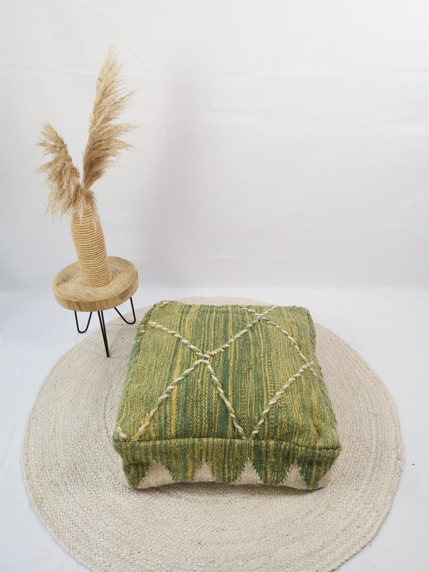 Moroccan vintage pouf colorful, wool seat cushion, vintage Berber floor cushion green