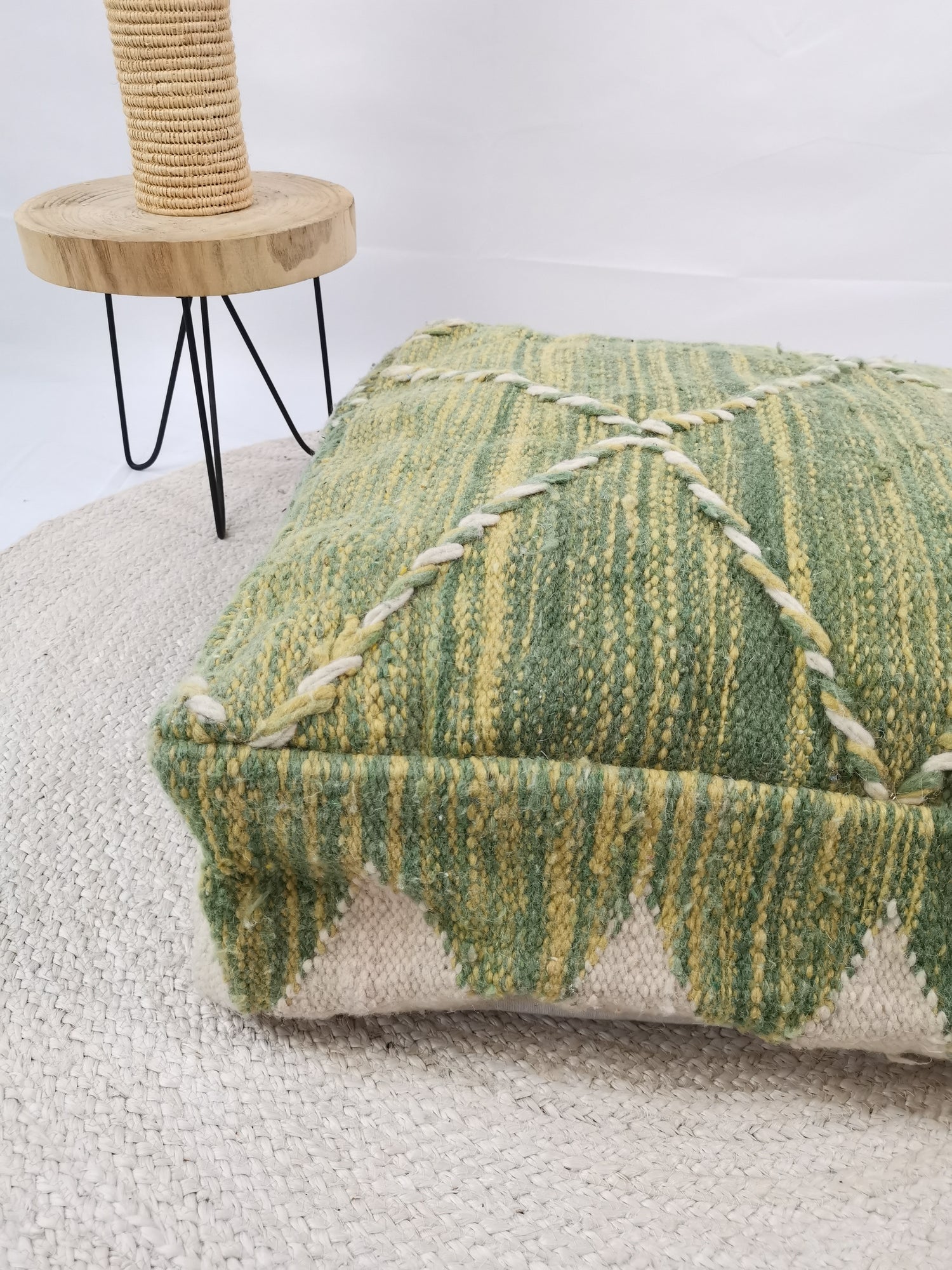 Moroccan vintage pouf colorful, wool seat cushion, vintage Berber floor cushion green