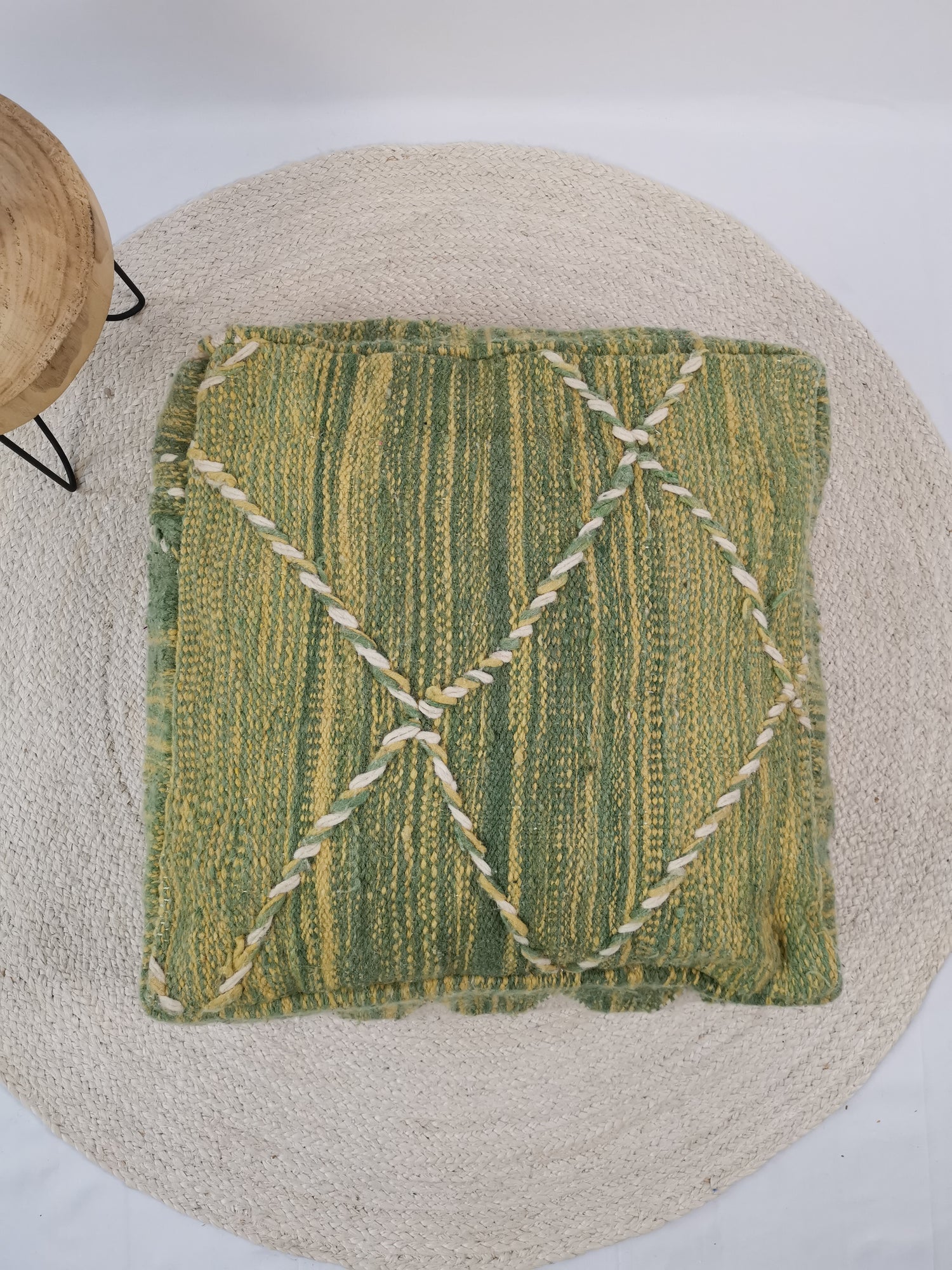 Moroccan vintage pouf colorful, wool seat cushion, vintage Berber floor cushion green