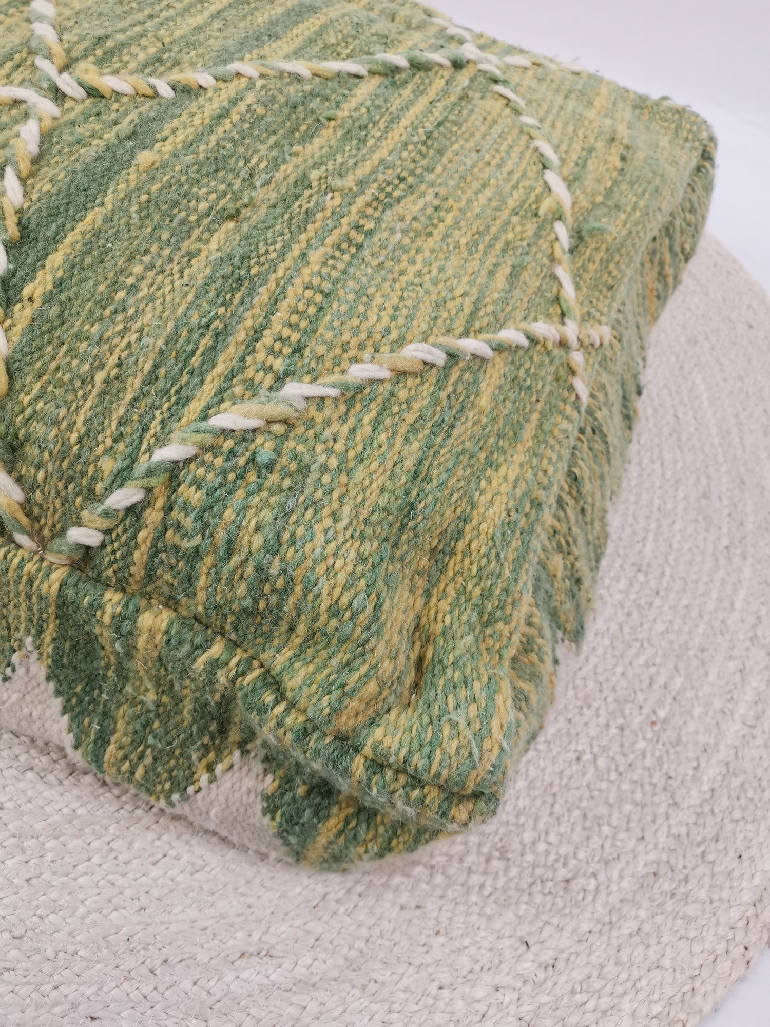 Moroccan vintage pouf colorful, wool seat cushion, vintage Berber floor cushion green