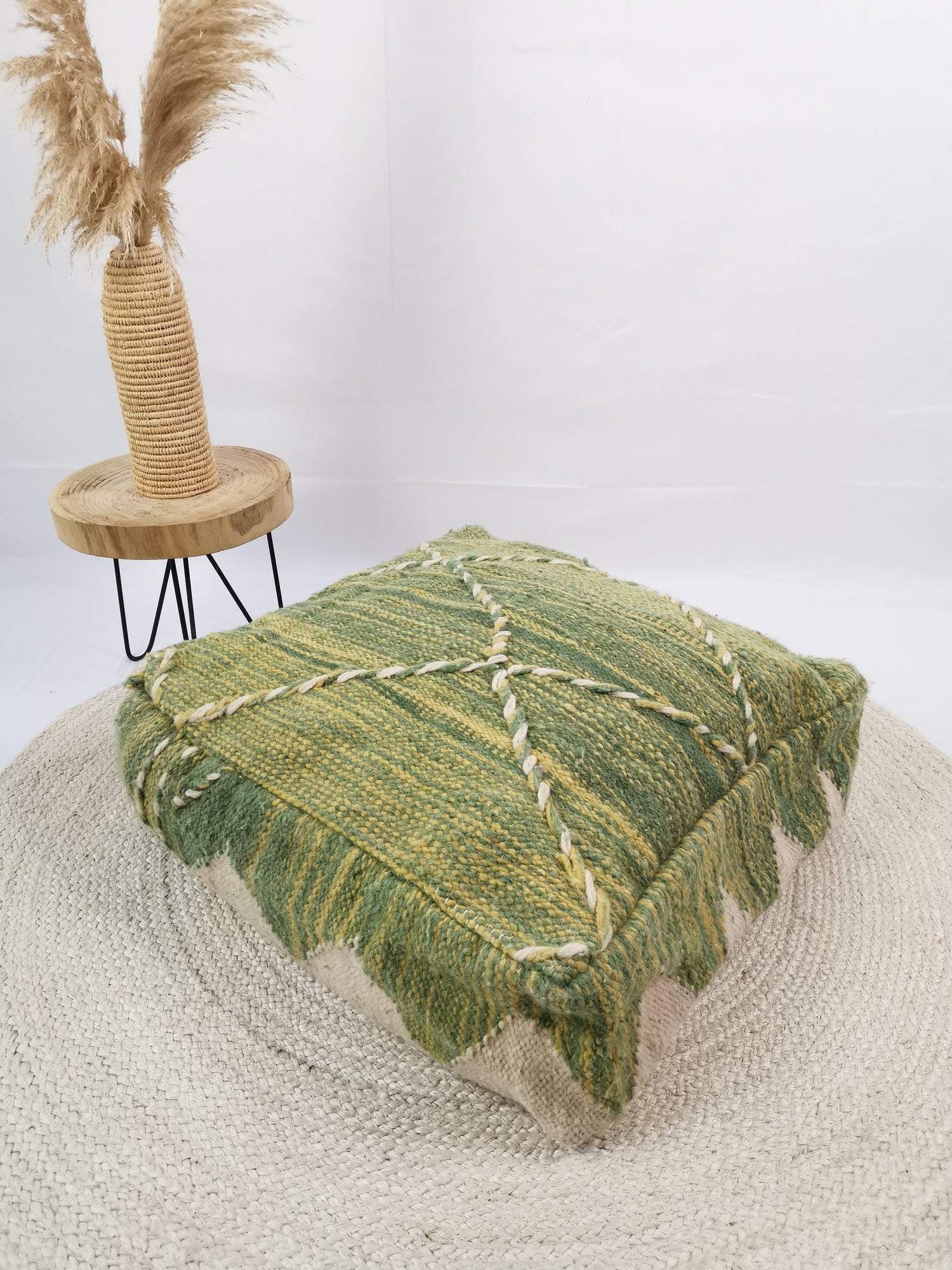 Pouf marocain vintage coloré, coussin d'assise en laine, coussin de sol berbère vintage vert