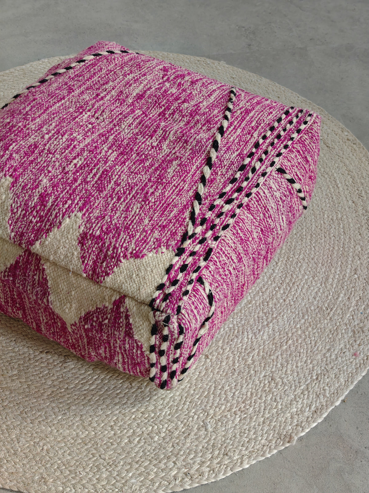 Vintage Berber Pouf from Morocco, Purple Kilim Floor Cushion, Handmade Wool Pouf with Geometric Patterns