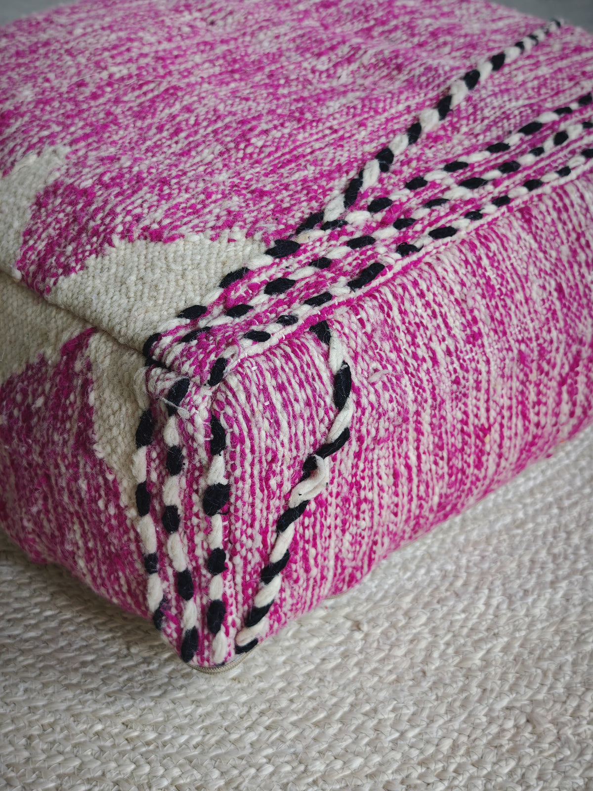 Vintage Berber Pouf from Morocco, Purple Kilim Floor Cushion, Handmade Wool Pouf with Geometric Patterns
