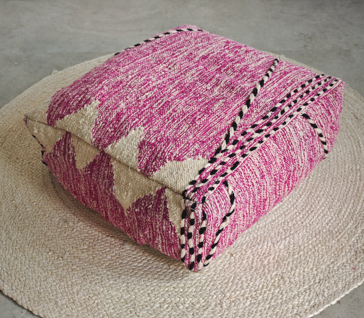Vintage Berber Pouf from Morocco, Purple Kilim Floor Cushion, Handmade Wool Pouf with Geometric Patterns