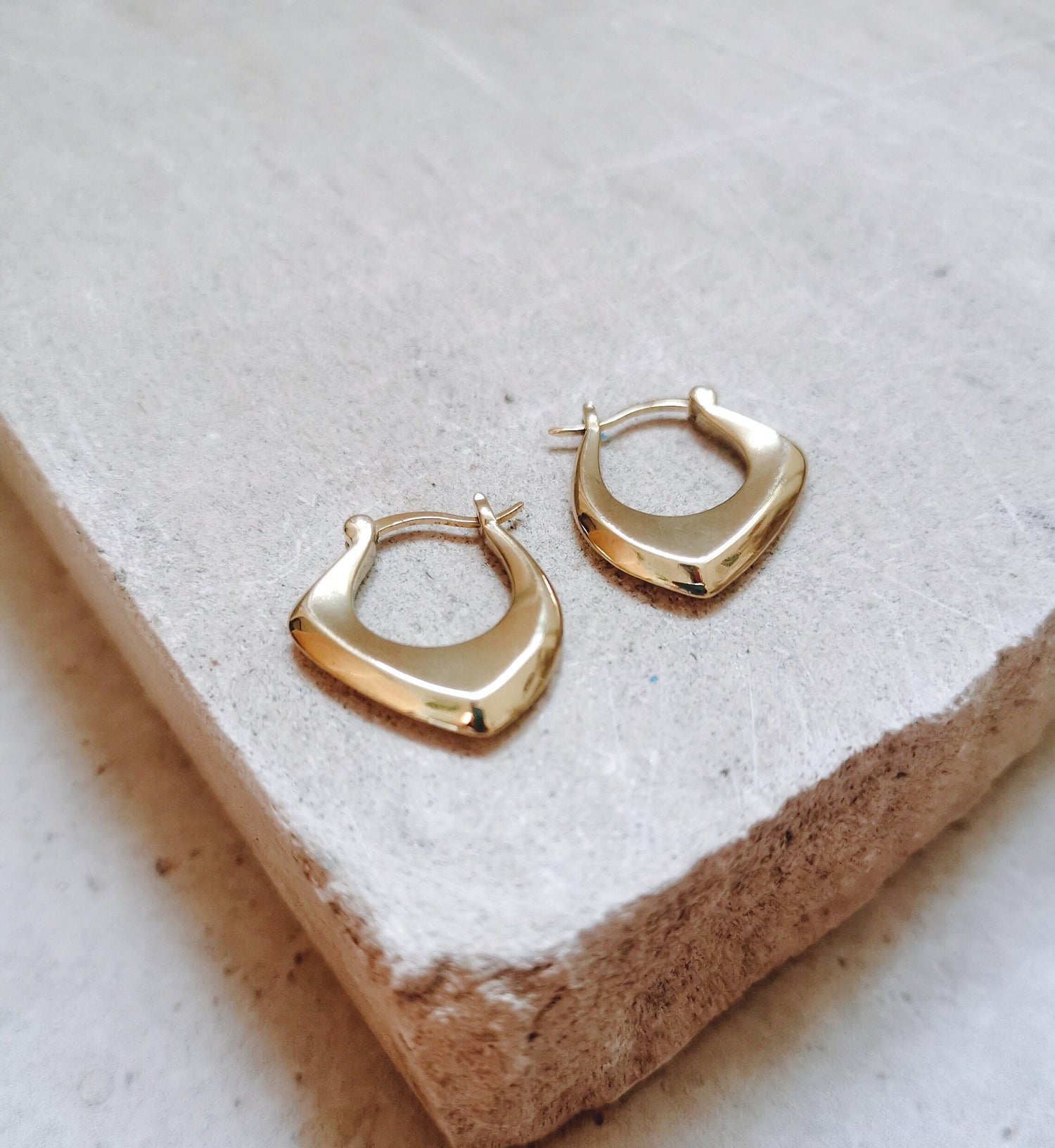 Small geometric hoop earrings, Minimalist gold brass earrings