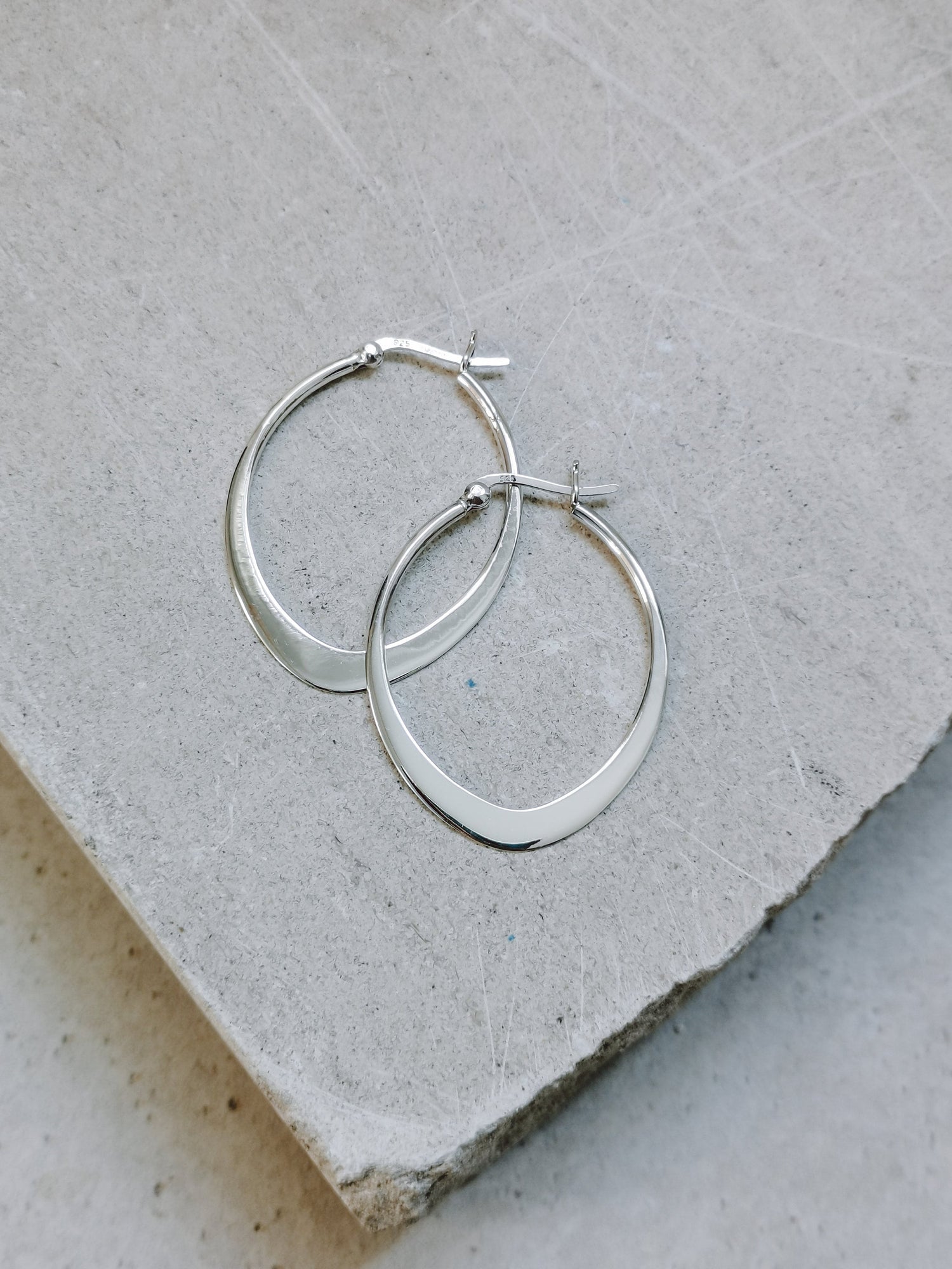 Flache Ovale 925 Silber Creolen, Dünne Minimalistische Ohrringe, Sterling Silber Creolen
