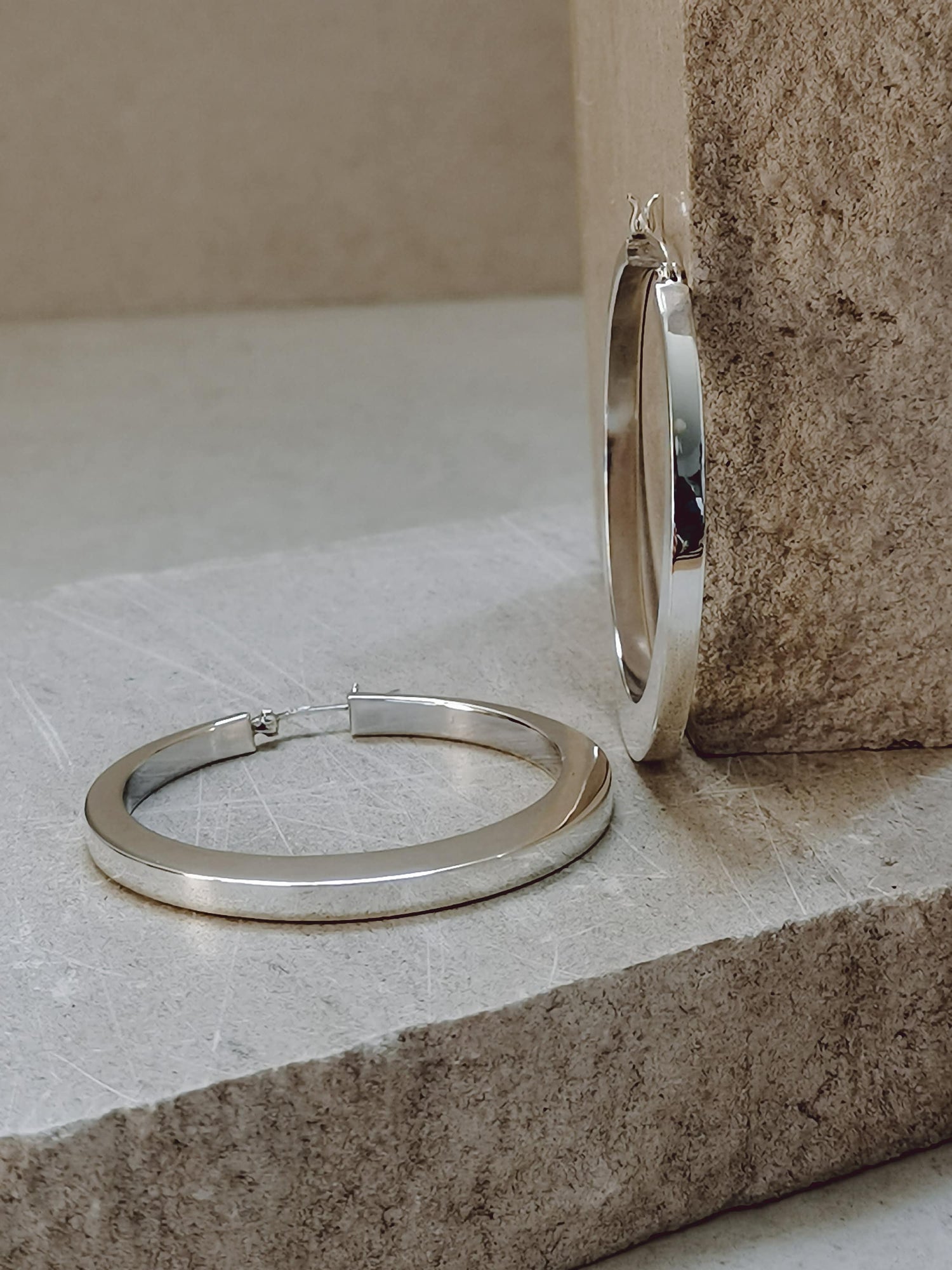 Flat wide 925 silver hoop earrings, chunky sterling silver hoop earrings