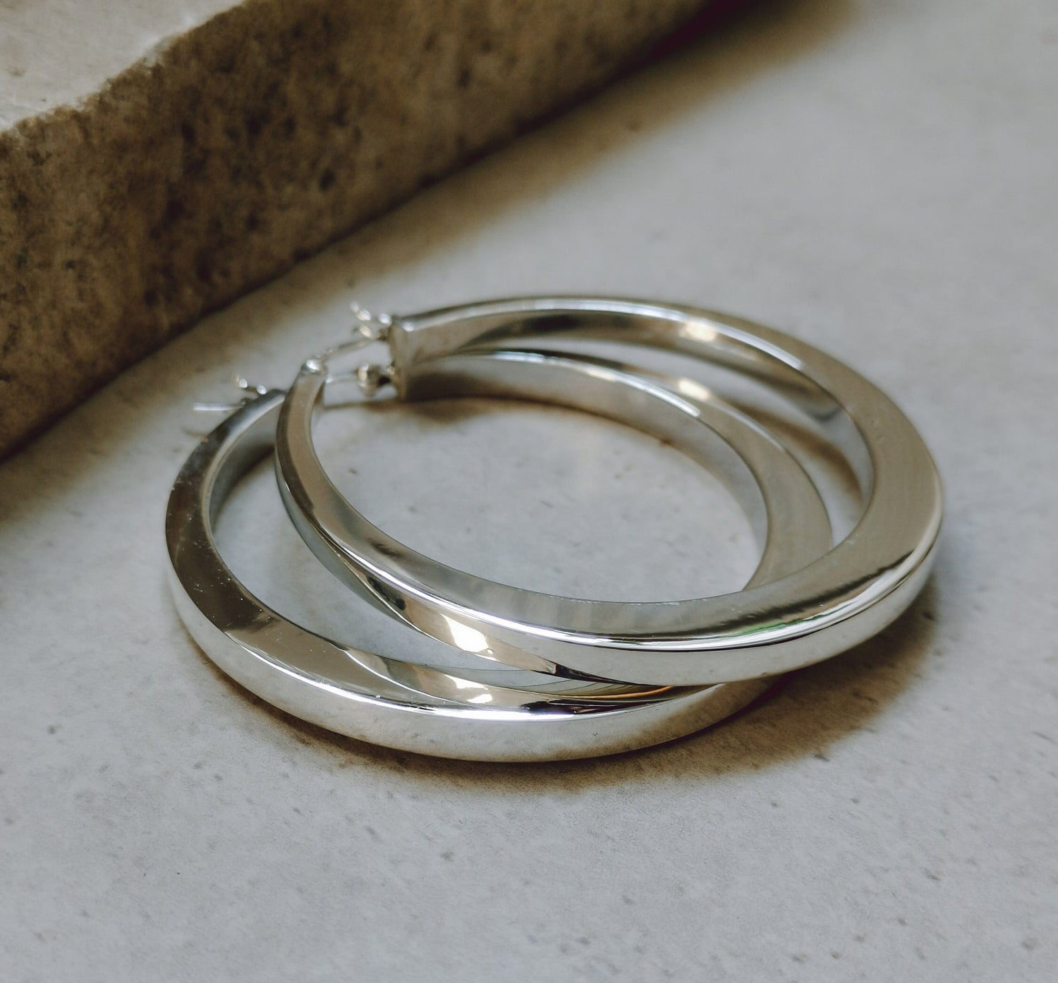Flat wide 925 silver hoop earrings, chunky sterling silver hoop earrings