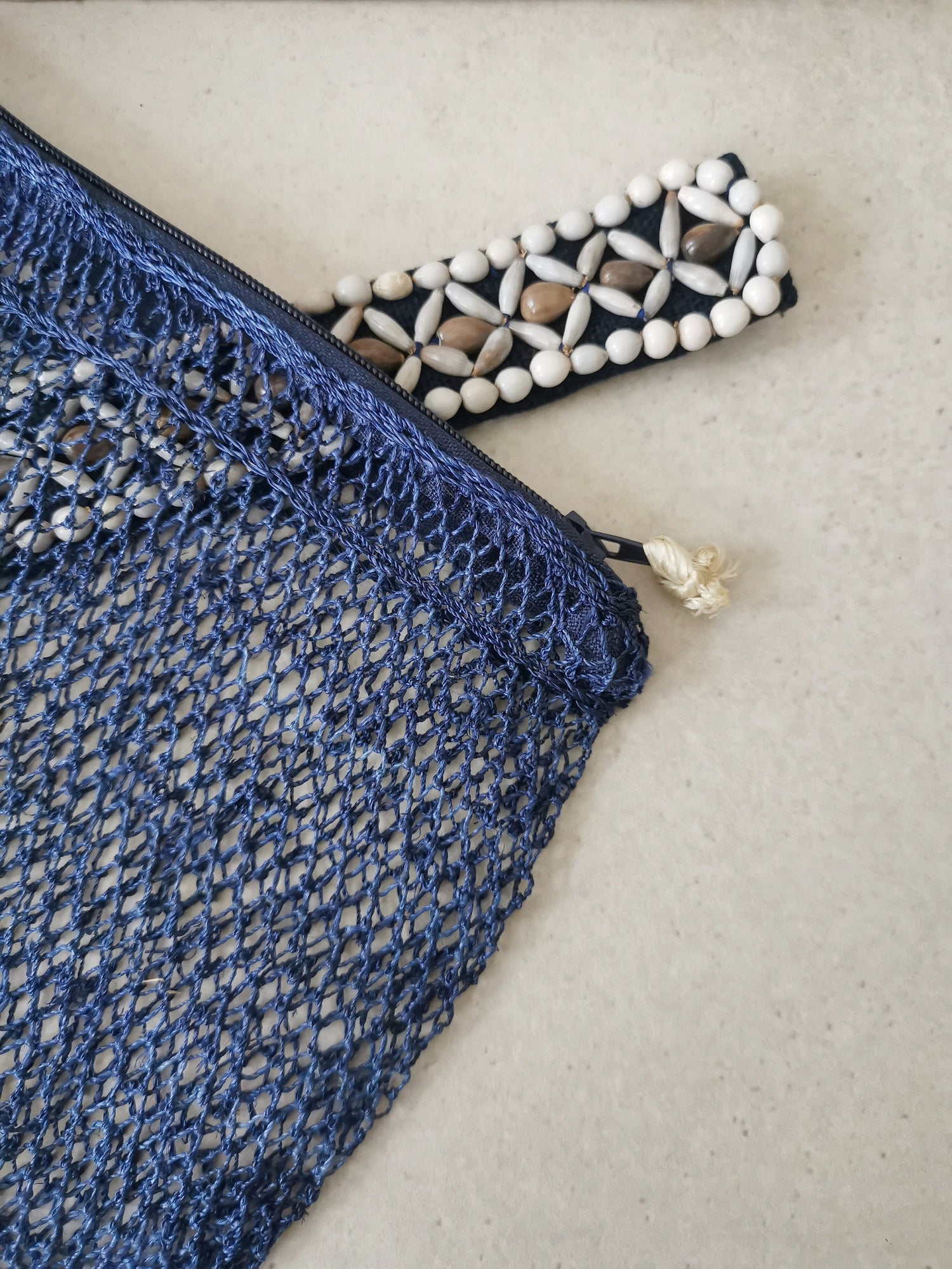 Boho makeup bag from Laos, cosmetic bag, hippie handmade make-up net bag