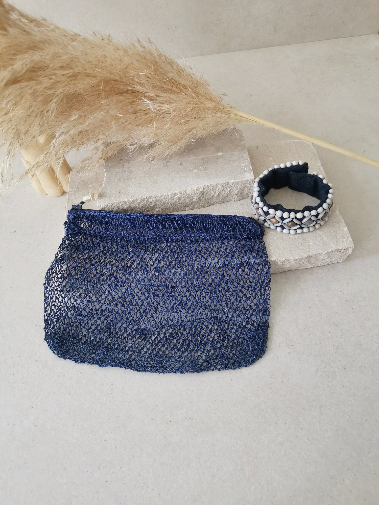 Boho makeup bag from Laos, cosmetic bag, hippie handmade make-up net bag