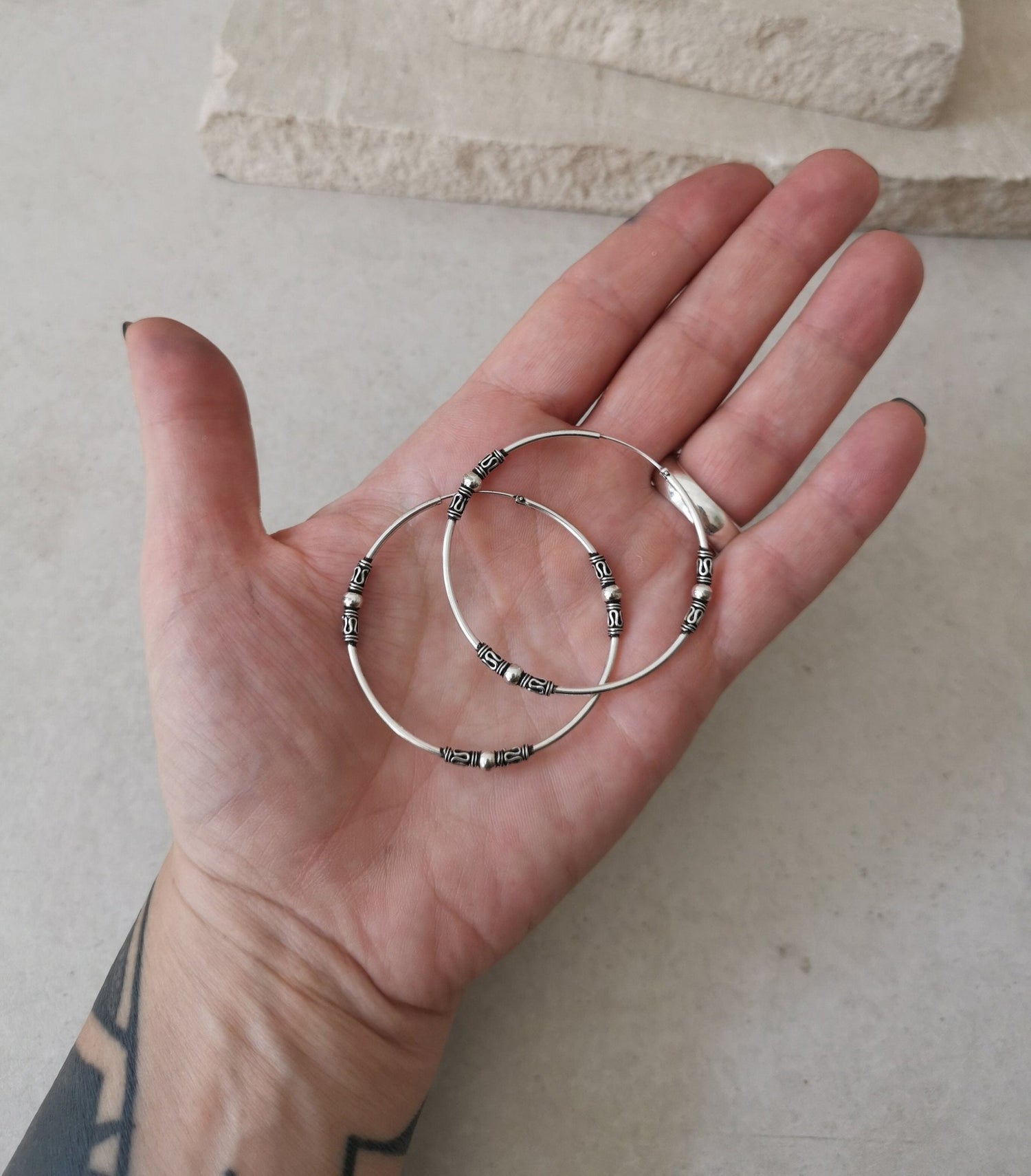 Sterling Silber Bali Creolen, 925 Silber Creolen 50 mm, Boho Hippie Bali Creolen 5 cm - CocosyBerlin