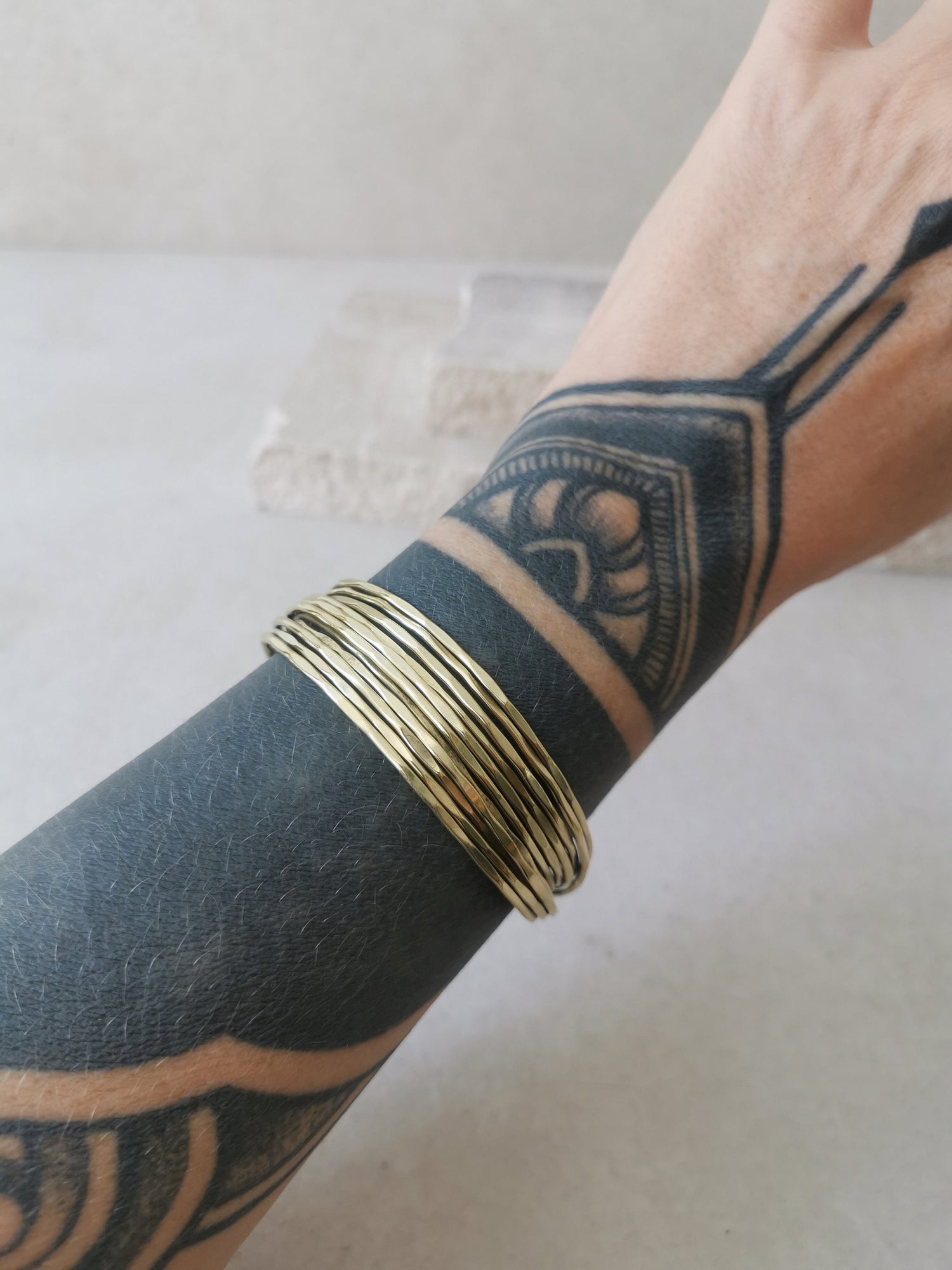 Hammered brass bangle, adjustable multi-row bangle, simple golden open bangle