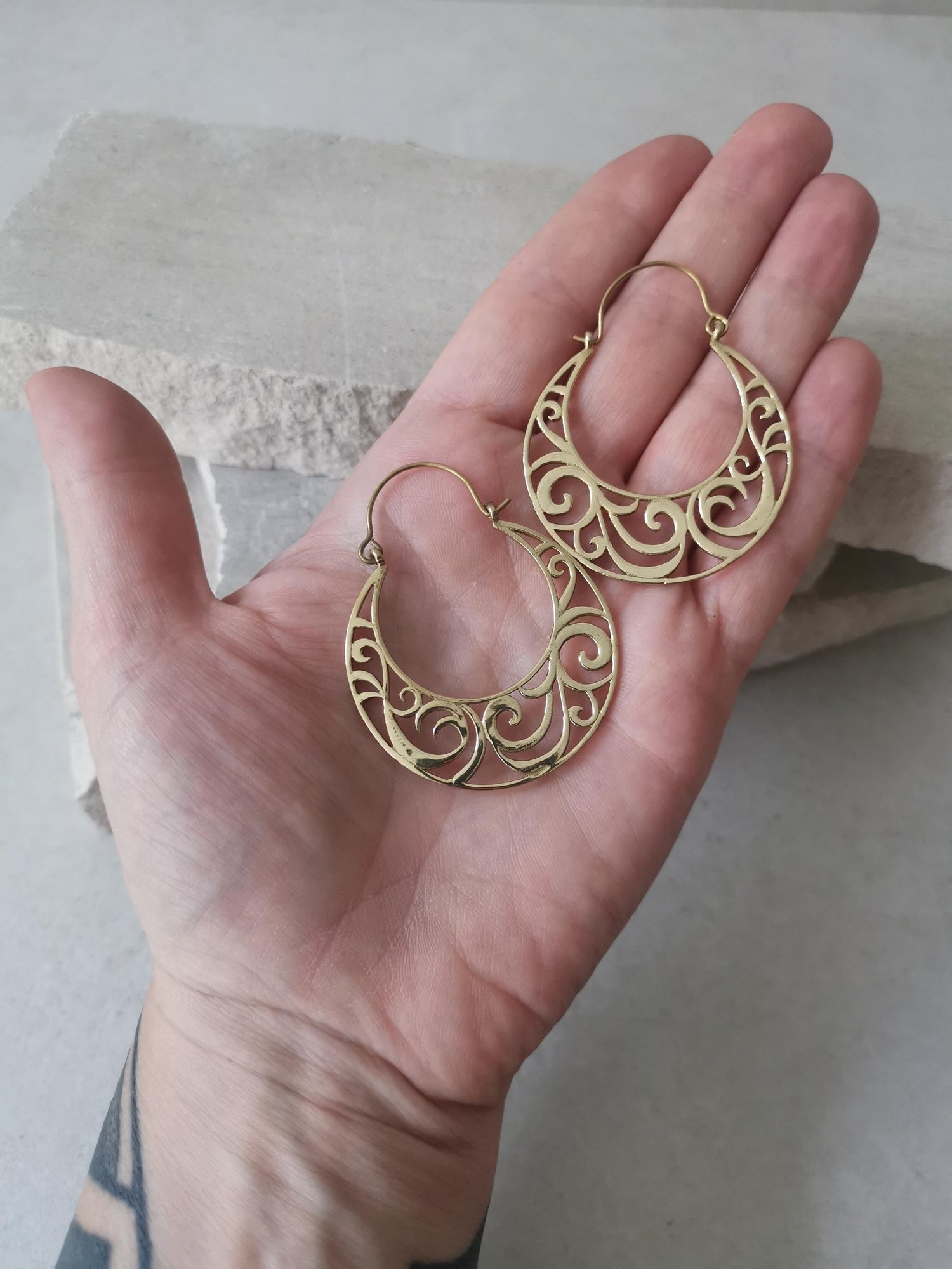 Brass earrings, women's boho mandala earrings, golden floral earrings
