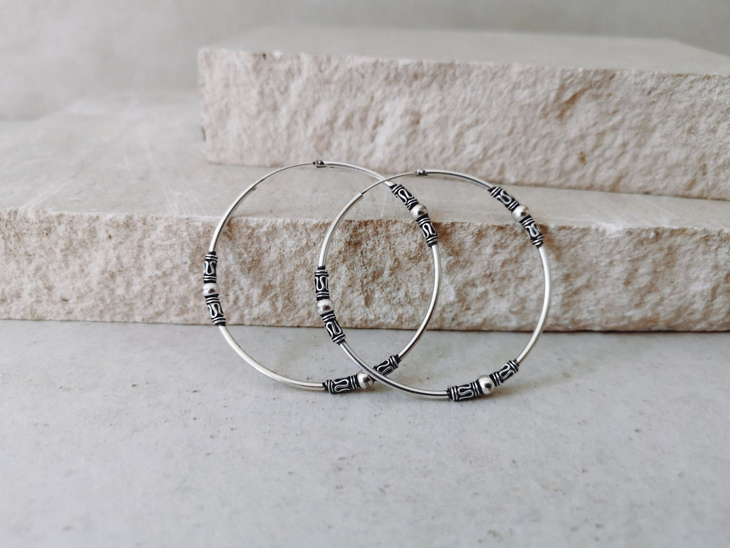 Sterling Silber Bali Creolen, 925 Silber Creolen 50 mm, Boho Hippie Bali Creolen 5 cm - CocosyBerlin