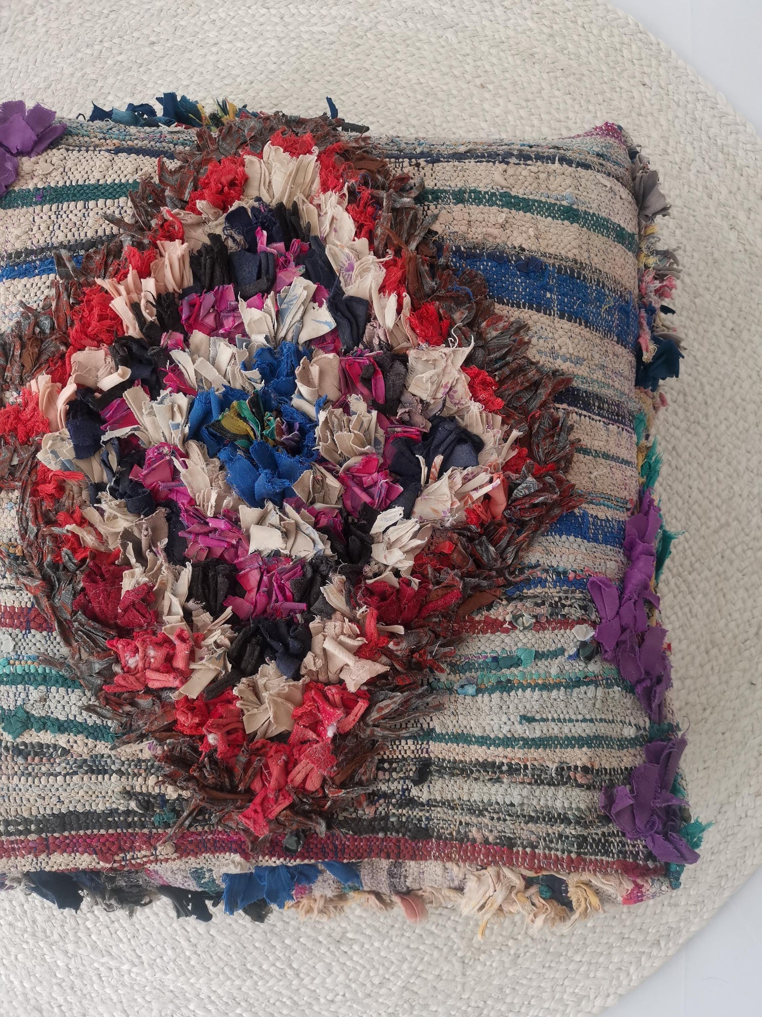 Colorful Moroccan pouf, Berber floor cushion, colorful geometric patterns, upcycled pouf from fabric scraps, boho seat cushion, handmade