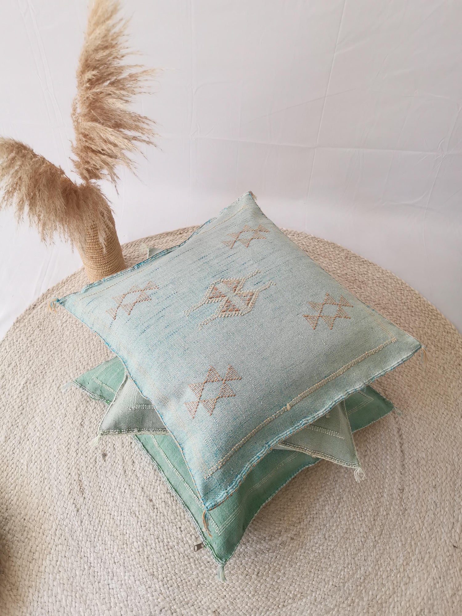 Sabra Kissen aus Marokko, Boho Eklektische Kissenhülle, Marokkanischer orientalischer Kissenbezug in Türkis