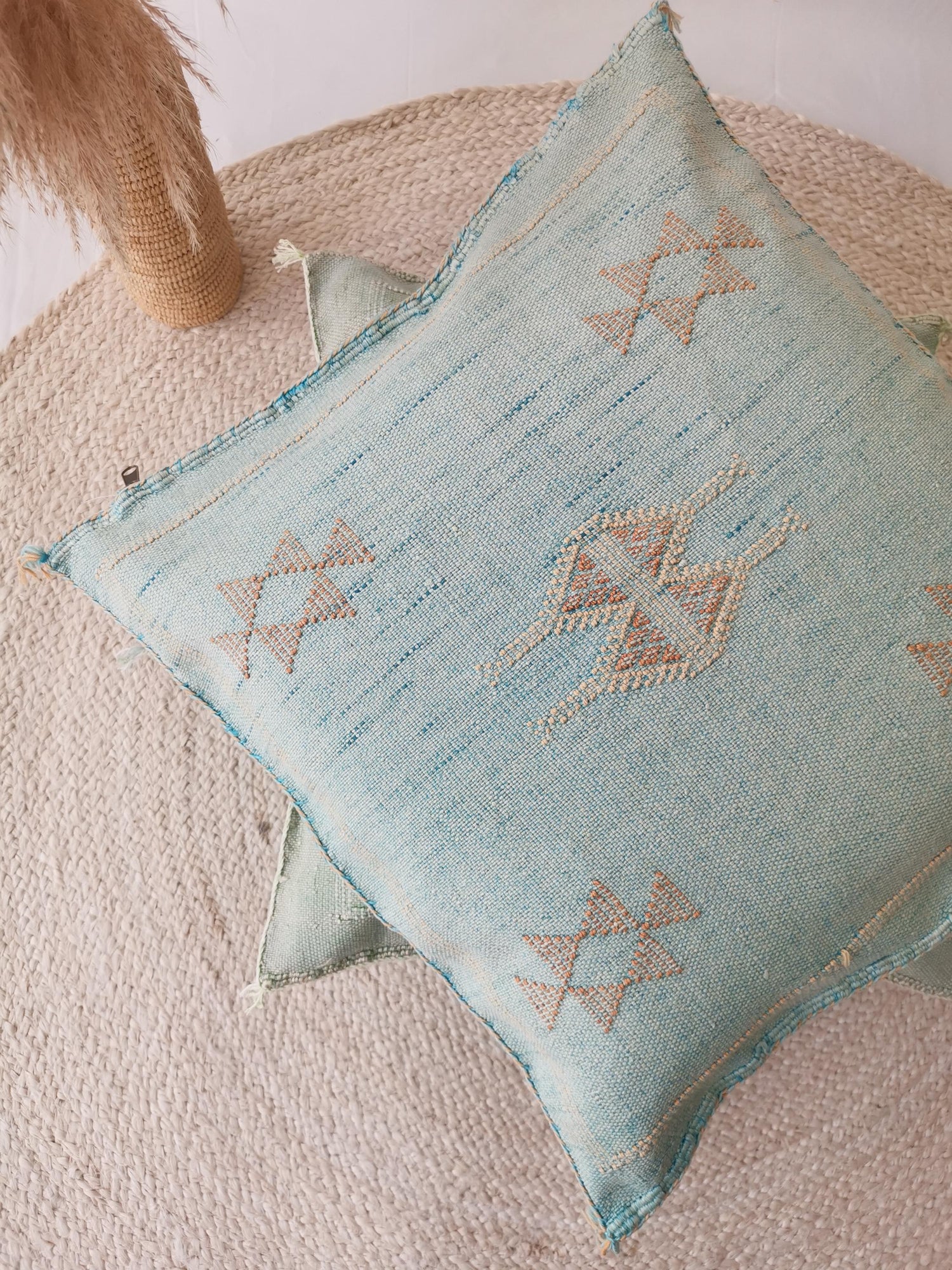 Sabra Kissen aus Marokko, Boho Eklektische Kissenhülle, Marokkanischer orientalischer Kissenbezug in Türkis