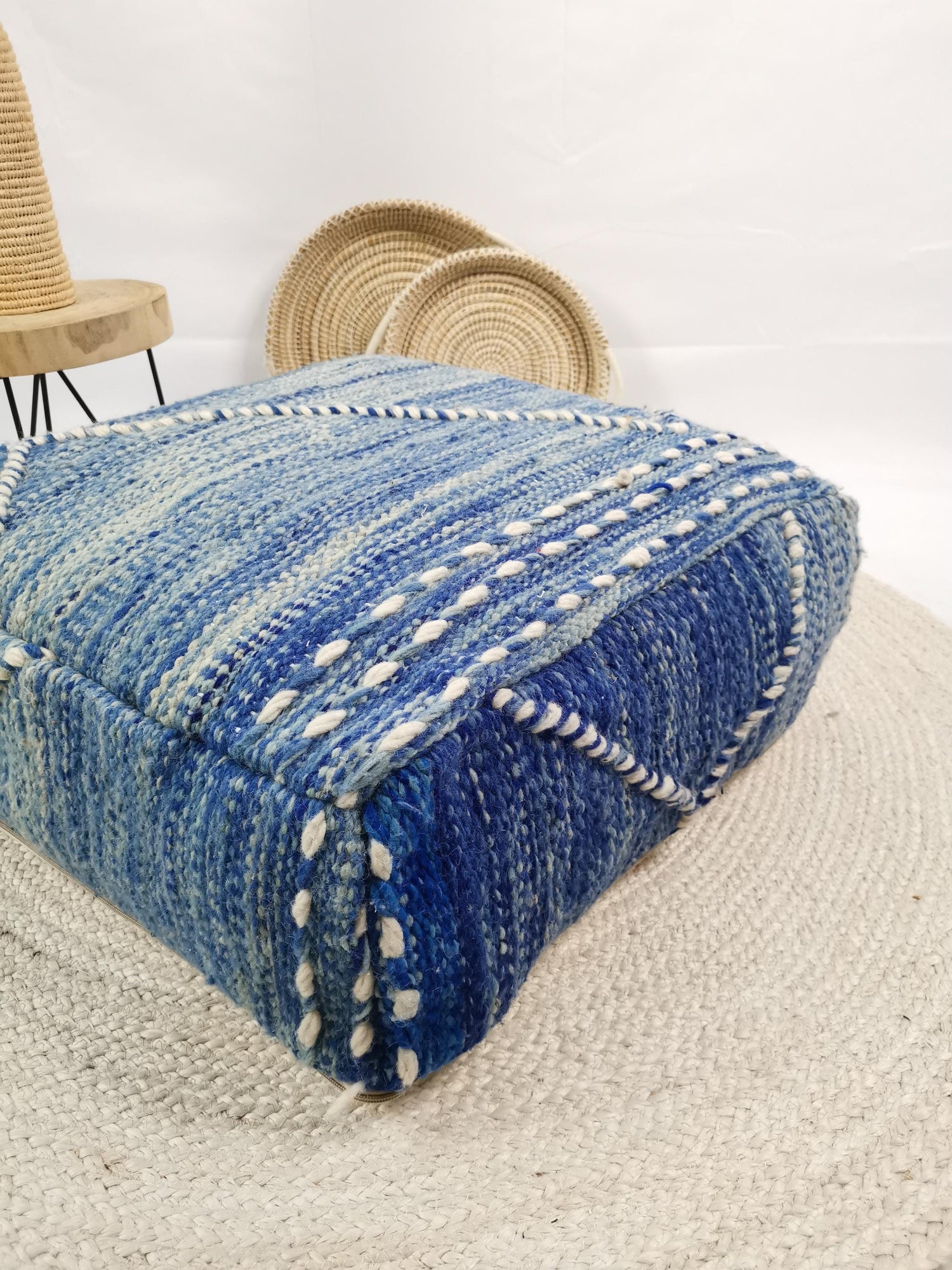 Moroccan vintage pouf colorful, wool seat cushion, vintage Berber floor cushion blue