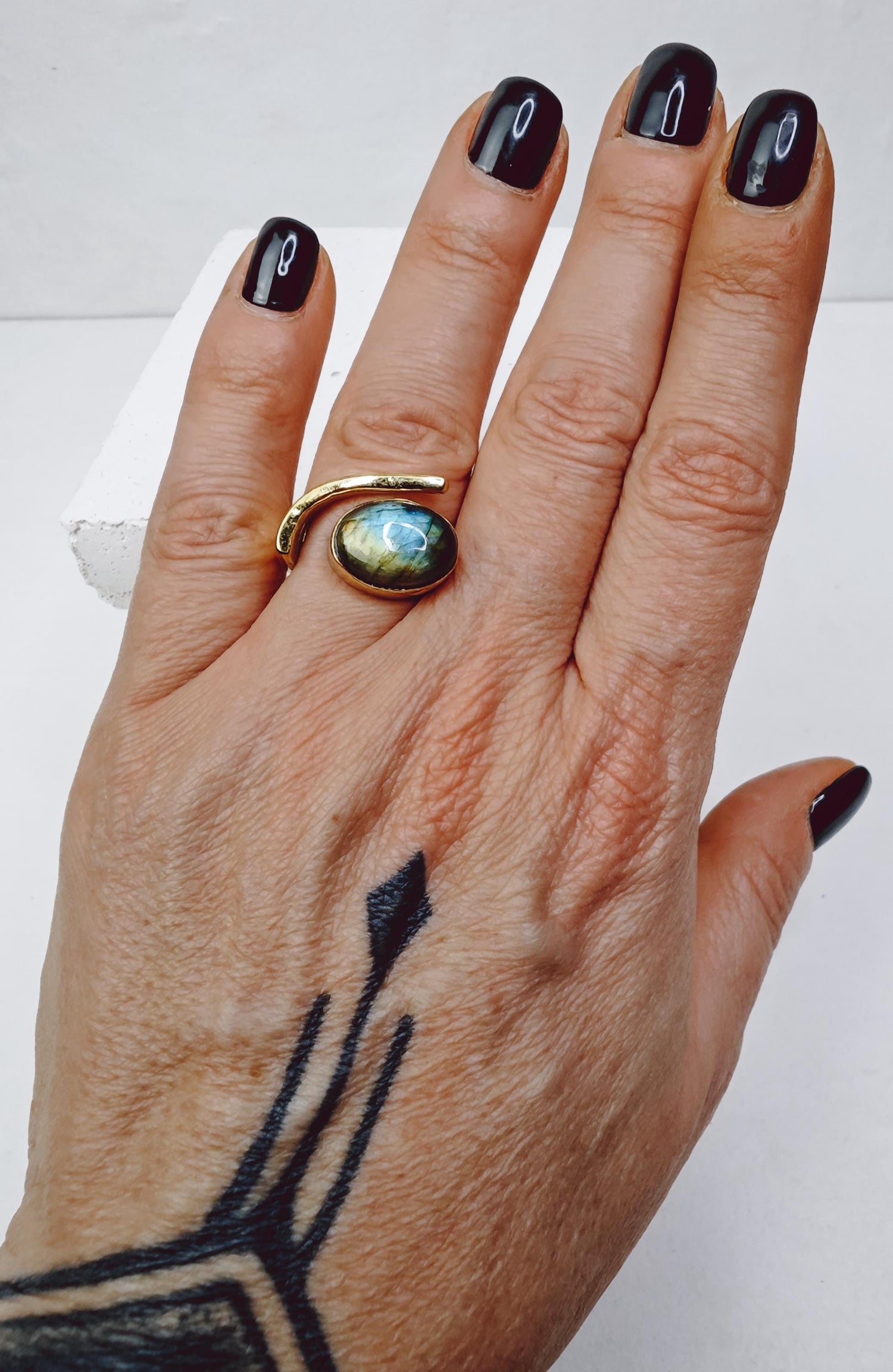 Large adjustable labradorite ring with oval stone, statement ring, golden brass ring with labradorite