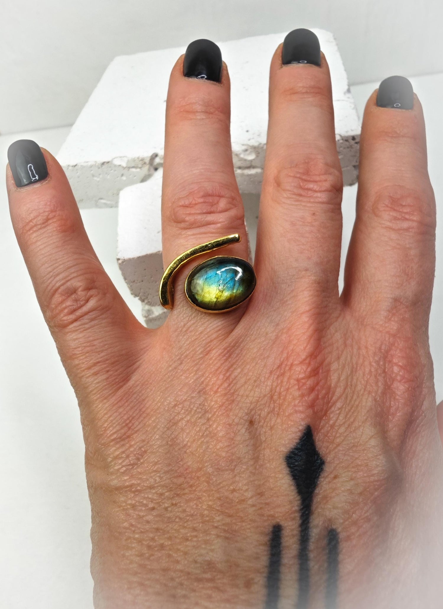 Large adjustable labradorite ring with oval stone, statement ring, golden brass ring with labradorite