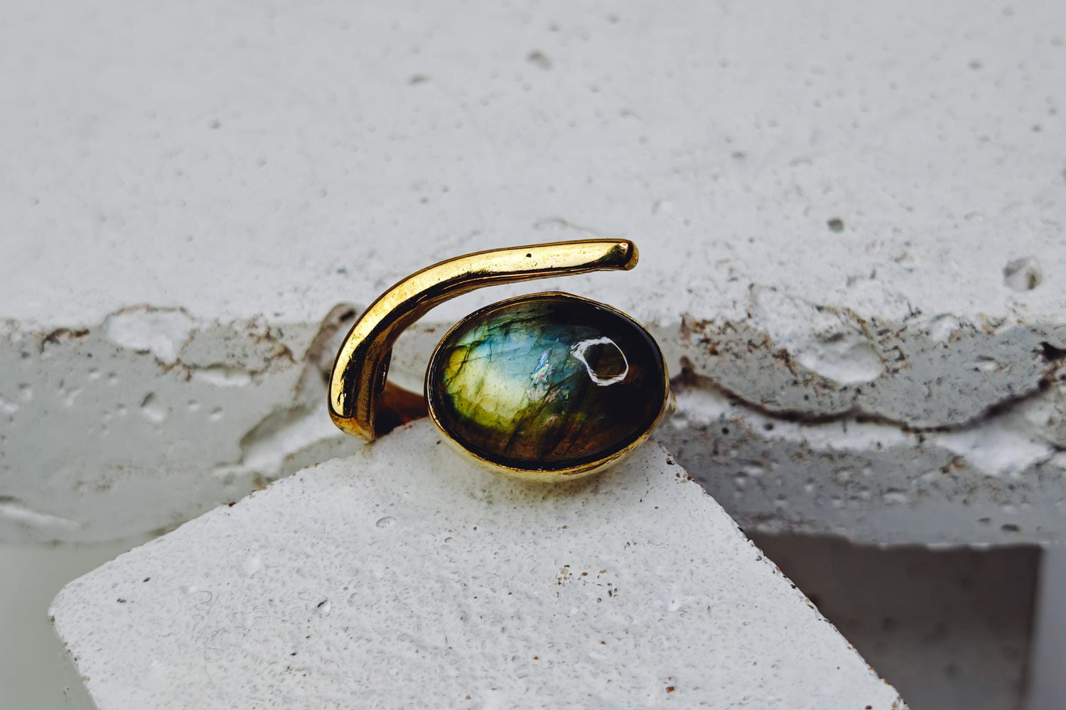 Large adjustable labradorite ring with oval stone, statement ring, golden brass ring with labradorite