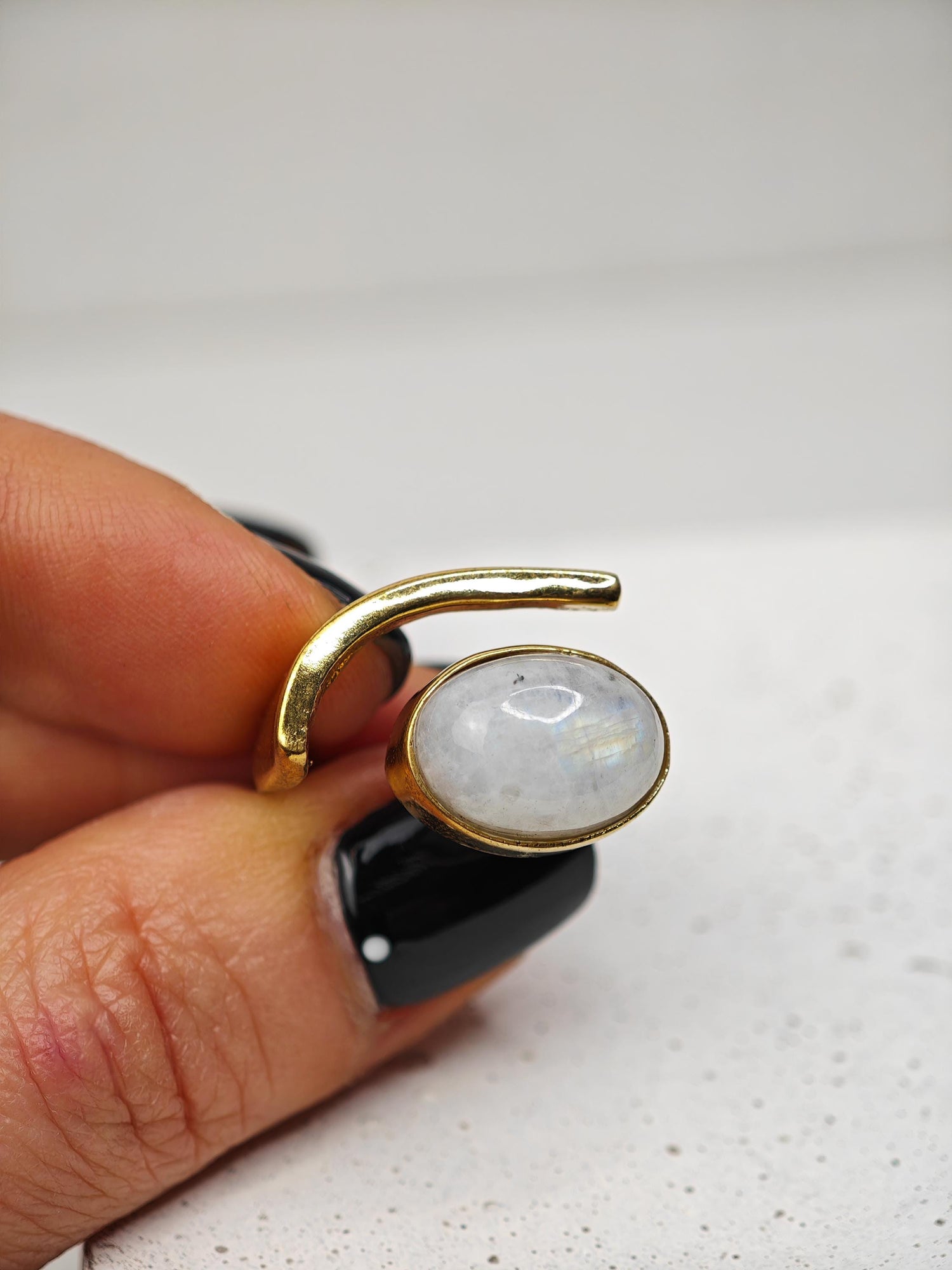 Large adjustable moonstone ring with oval stone, statement ring, golden brass ring with moonstone