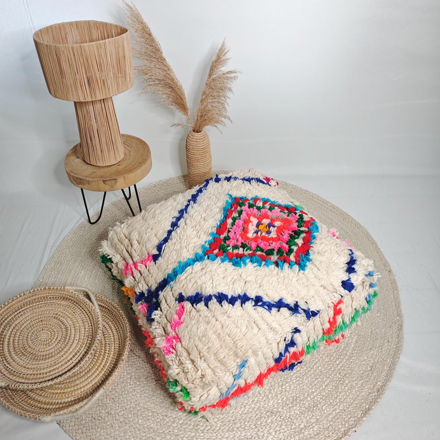 Pouf marocain, coussin de sol berbère coloré et moelleux, coussin d'assise en laine, coussin vintage, coussin d'assise bohème Beni Ourain