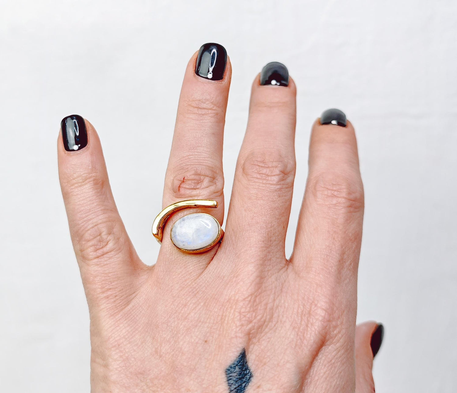 Large adjustable moonstone ring with oval stone, statement ring, golden brass ring with moonstone