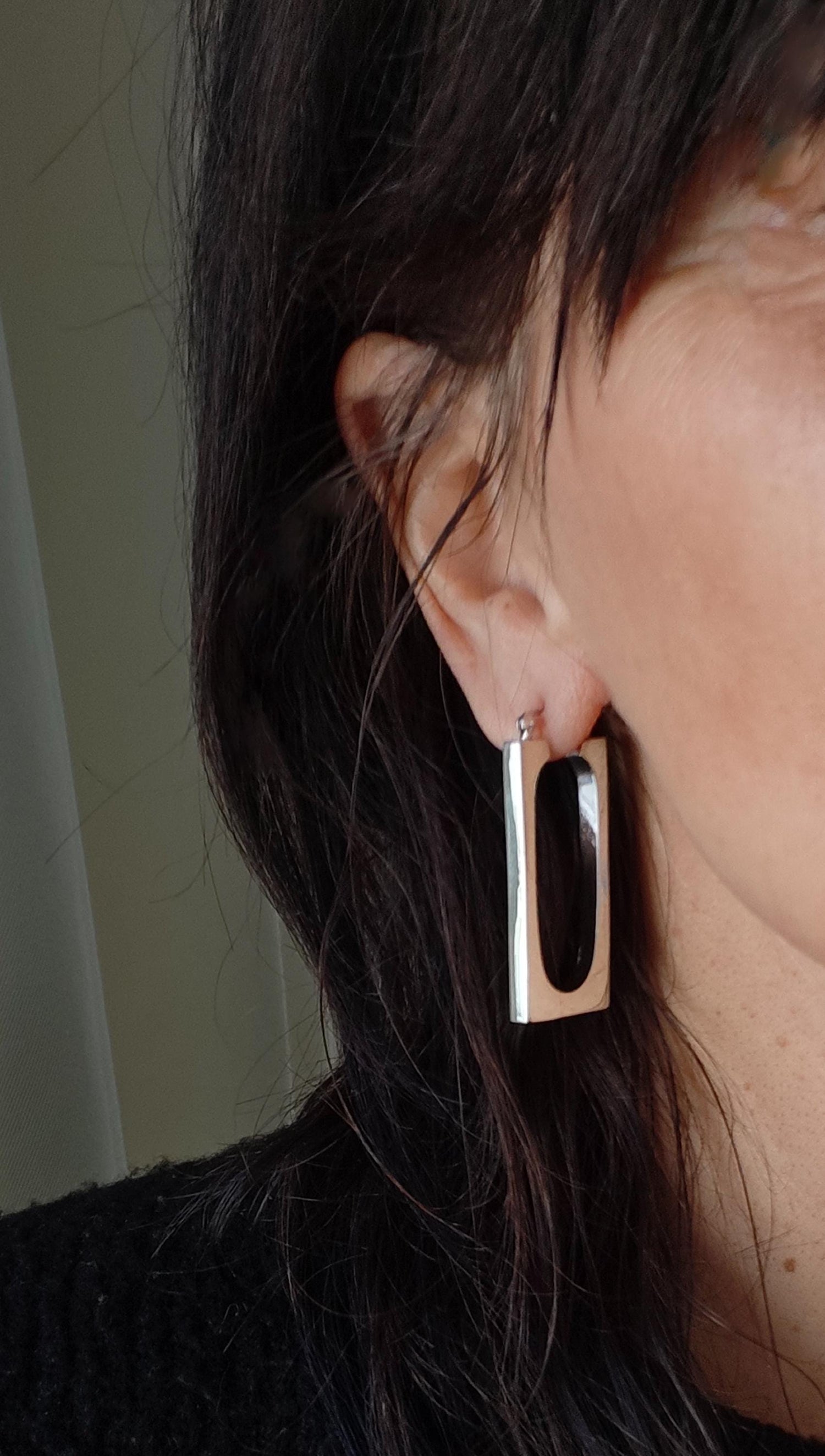 Chunky Silver 925 Hoop Earrings, Geometric Earrings, Rectangular, Minimalist, Rectangle Earrings, Silver Earrings, Statement Hoop Earrings