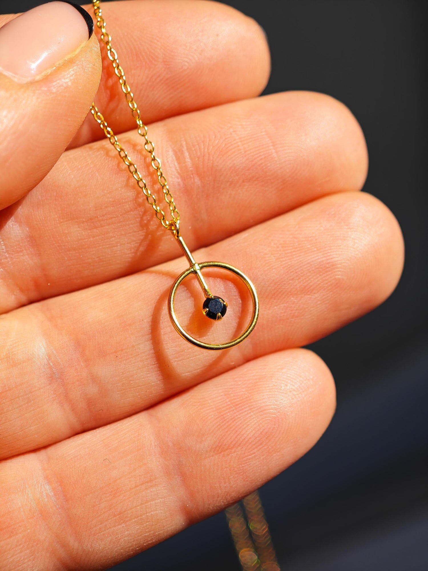 Gold-plated 925 silver chain with circle pendant, necklace pendant 14K gold-plated, circle pendant with black onyx stone