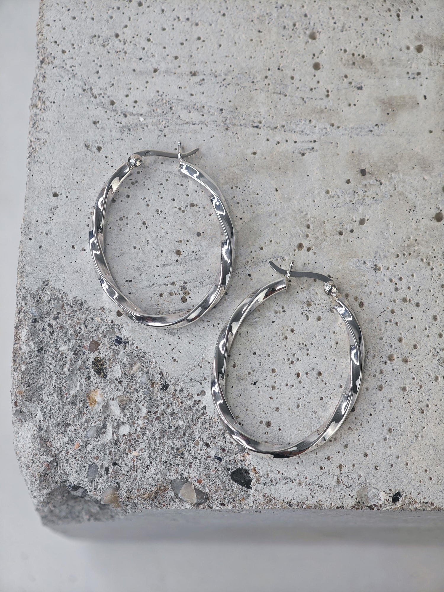 Twisted oval 925 silver hoop earrings, Chunky twist sterling silver hoop earrings