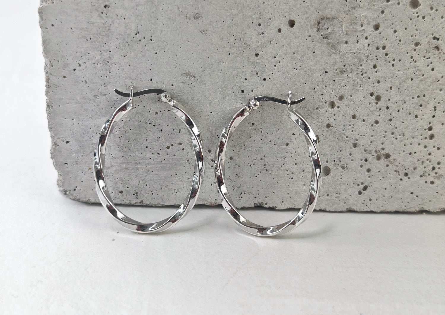 Twisted oval 925 silver hoop earrings, Chunky twist sterling silver hoop earrings