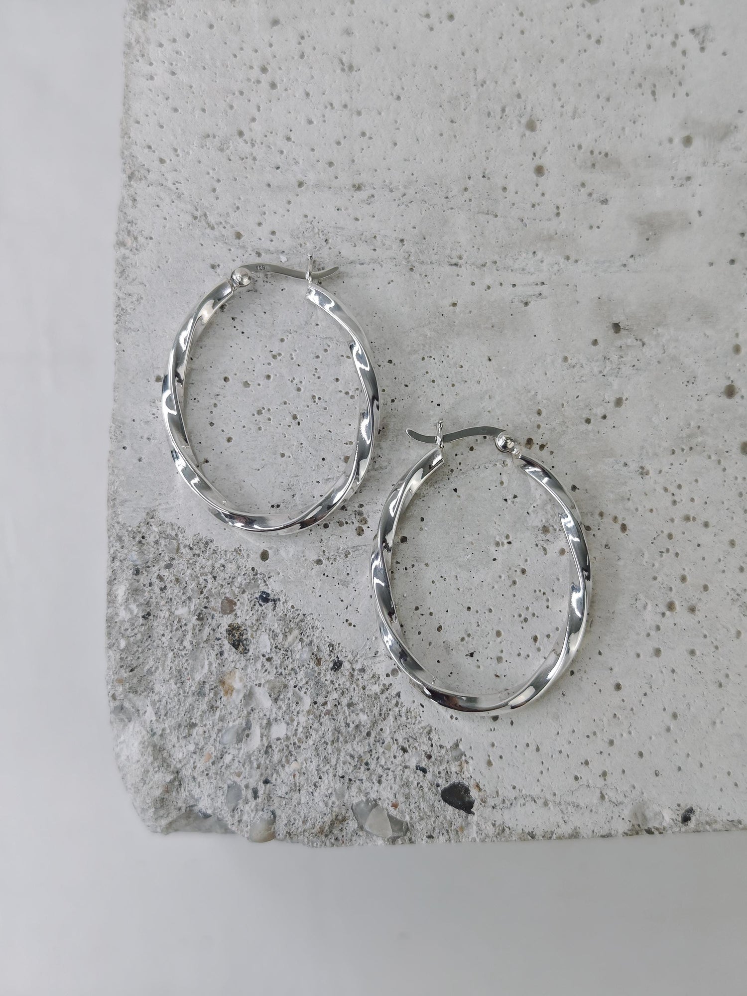 Twisted oval 925 silver hoop earrings, Chunky twist sterling silver hoop earrings