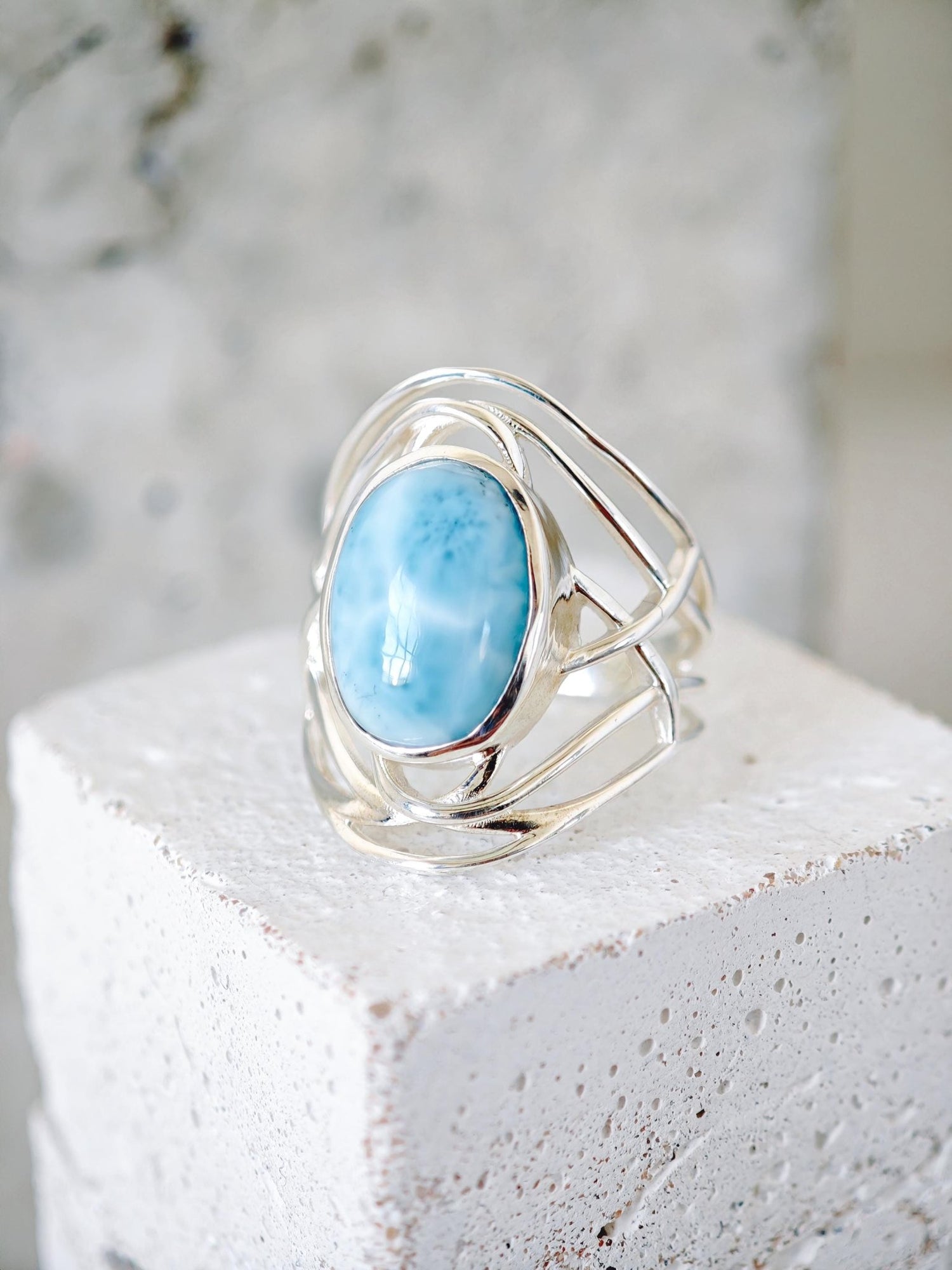 Larimar Ring 925 Silber, Statement Silberring mit Larimar Stein, Boho Sommer Ring - CocosyBerlin