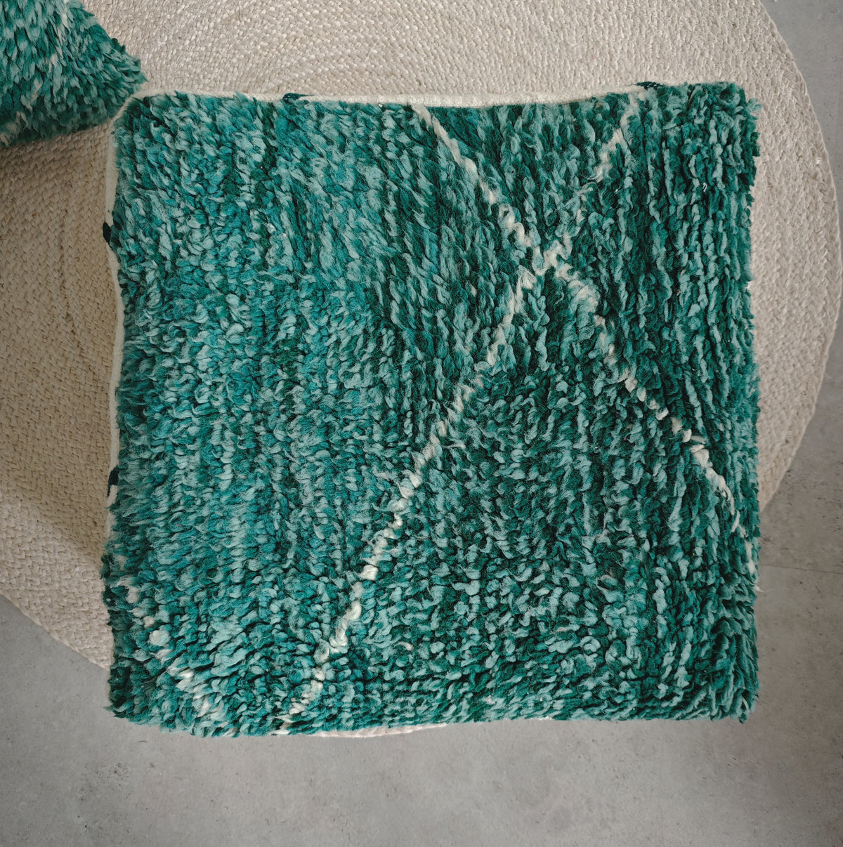 Beni Ourain Pouf aus Marokko, Bodenkissen Beige / Grün, 100% Handarbeit, Uniquat