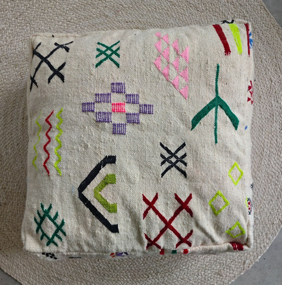 Pouf aus Wolle quadratisch und bunt, Kelim Bodenkissen, Handarbeit