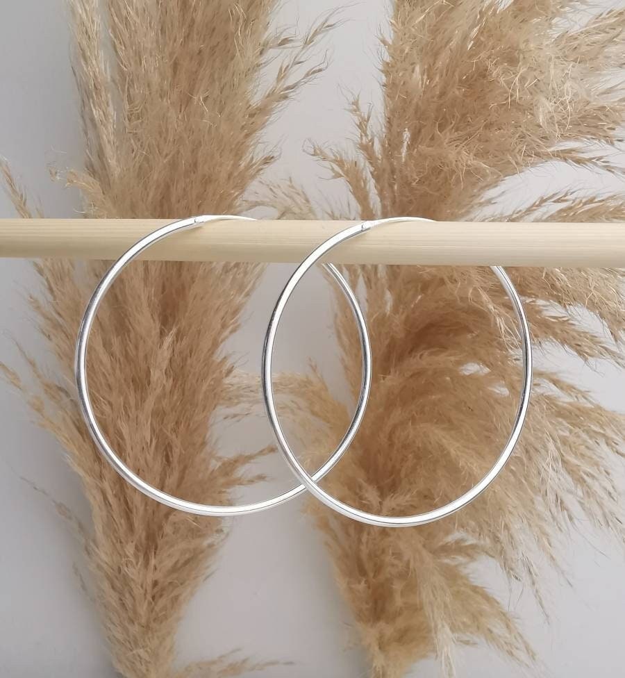 Grosse Sterling Silber 925 Creolen 60mm x 2mm, leichte Ohrreifen, Minimalistische Ohrringe, Silbercreolen Hoops
