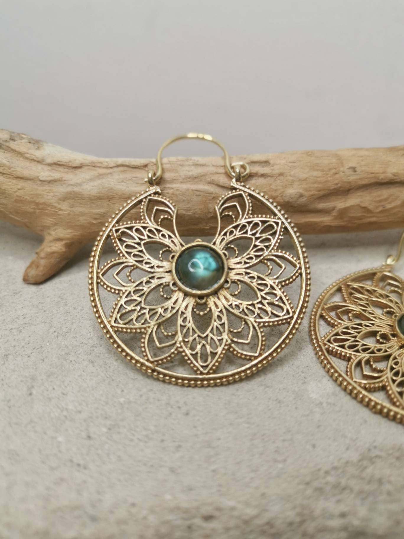 Brass earrings with labradorite stone | Mandala Hoop Earrings | Gold Earrings | Boho Ethno Hippie Jewelry | Festival Jewelry | cocosyberlin