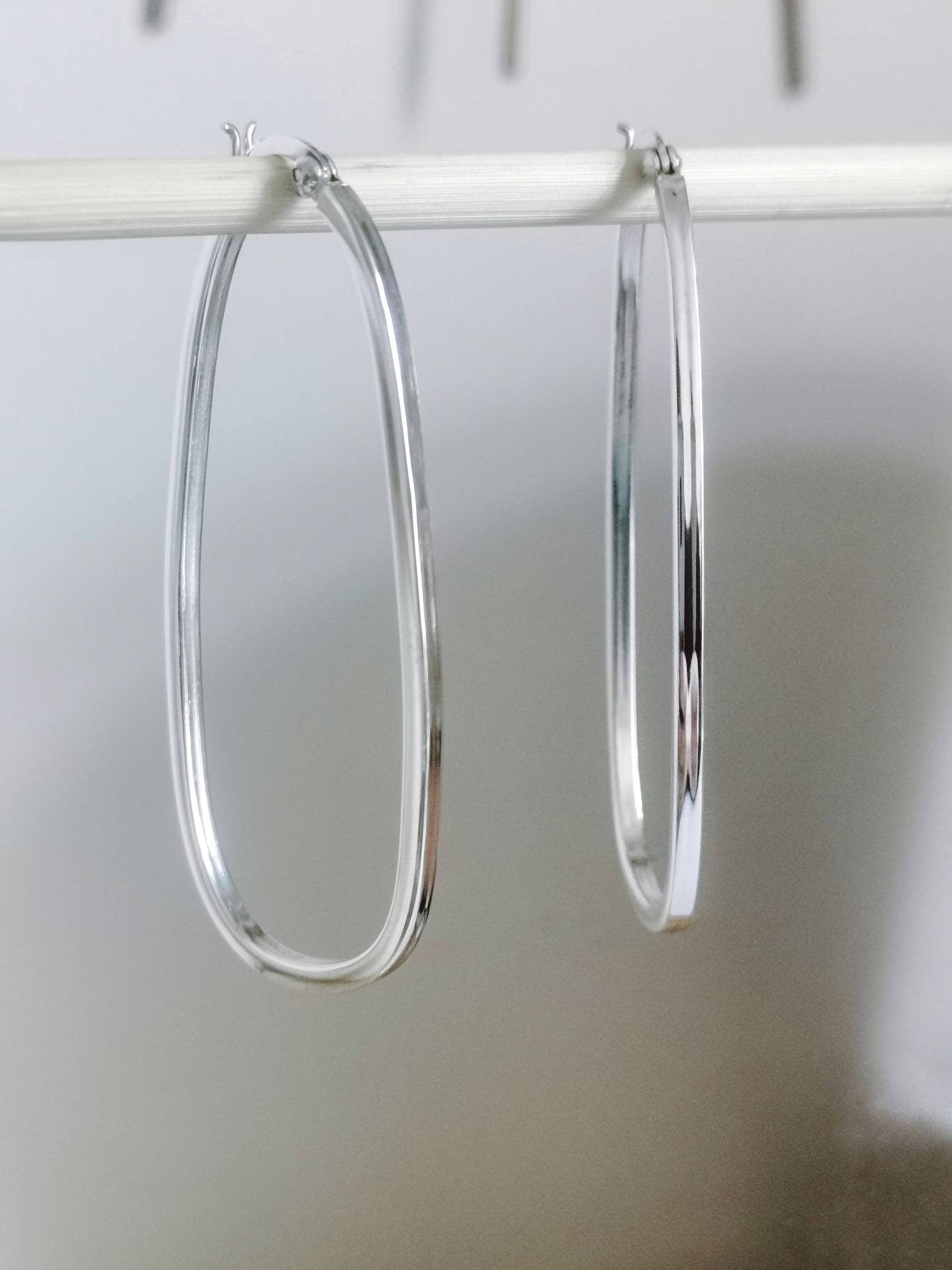Grandes boucles d'oreilles créoles en argent 925, boucles d'oreilles géométriques, forme ovale, boucles d'oreilles minimalistes, boucles d'oreilles argent 55 mm, cadeau