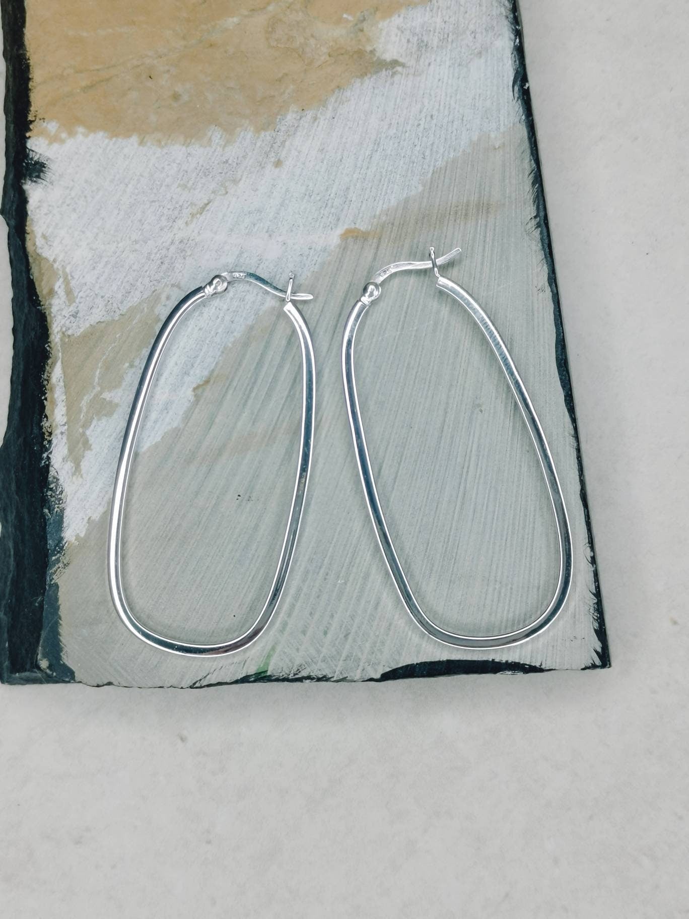 Big Silver 925 Hoop Earrings, Geometric Earrings, Oval Shape, Minimalist Earrings, Silver Earrings 55mm, Gift