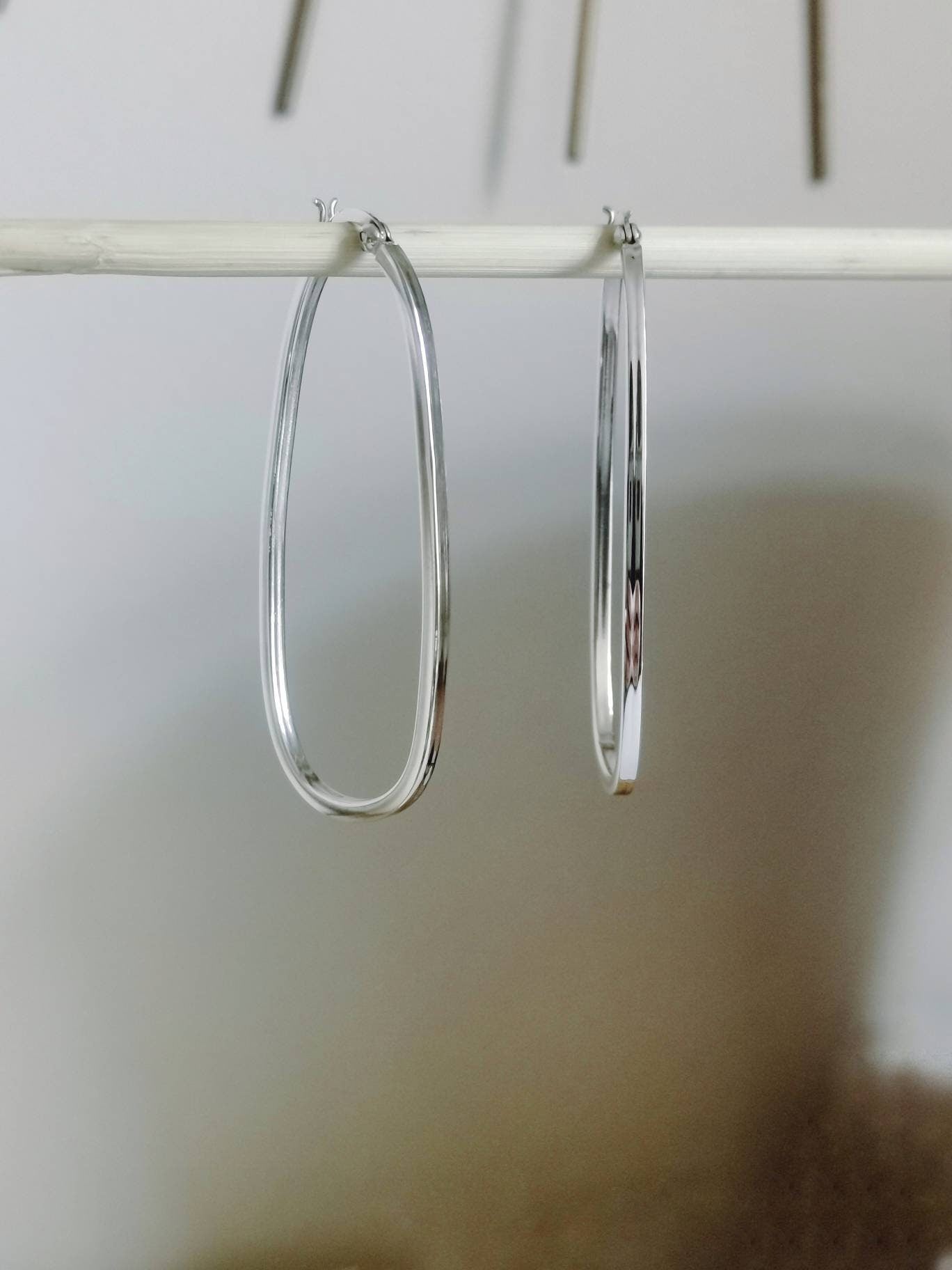 Big Silver 925 Hoop Earrings, Geometric Earrings, Oval Shape, Minimalist Earrings, Silver Earrings 55mm, Gift