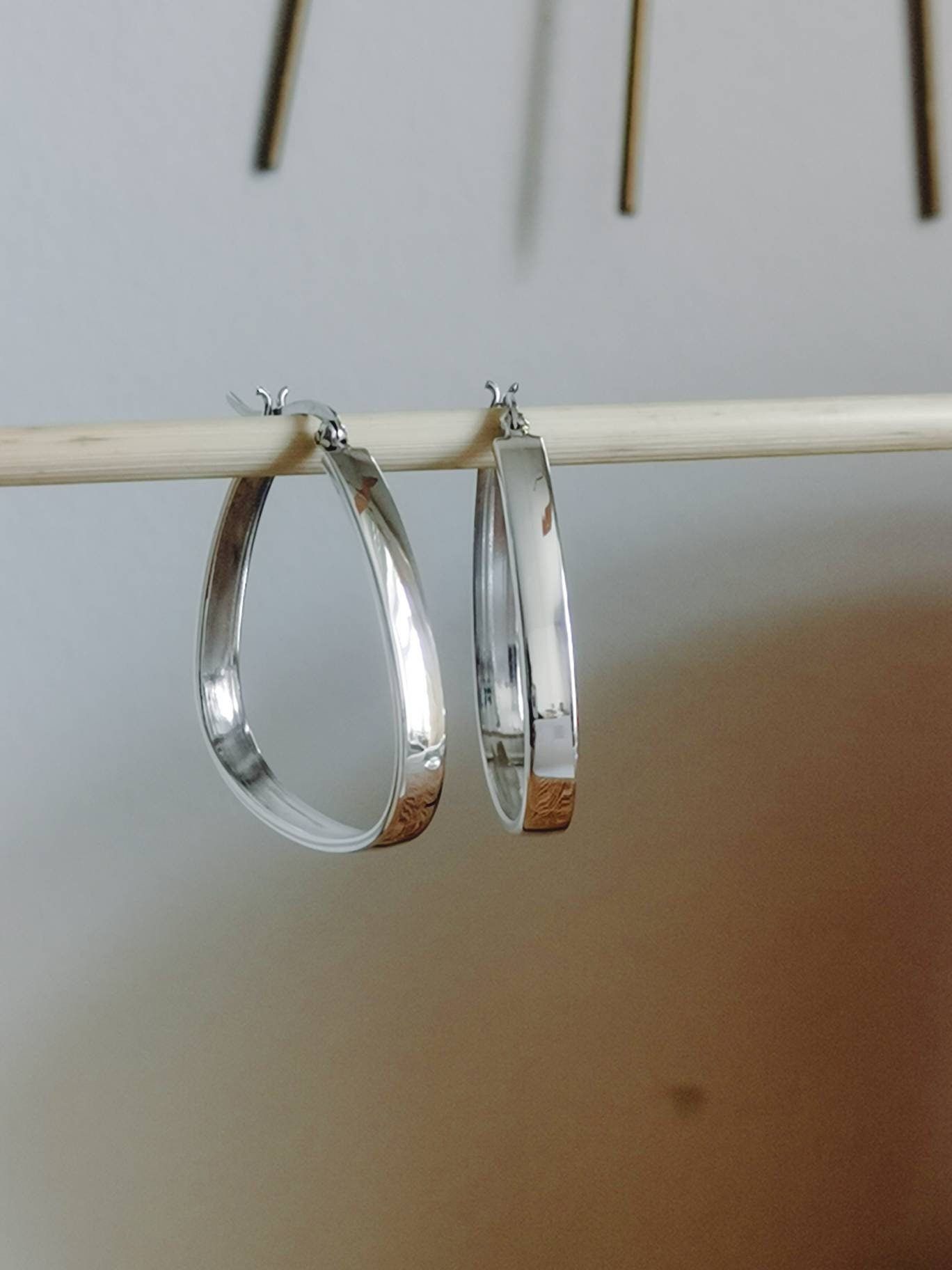 Chunky Silber 925 Creolen, Geometrische Ohrringe, Dreieckig, Minimalistisch, Breite flache Ohrringe, Silberohrringe 35mm, Geschenk