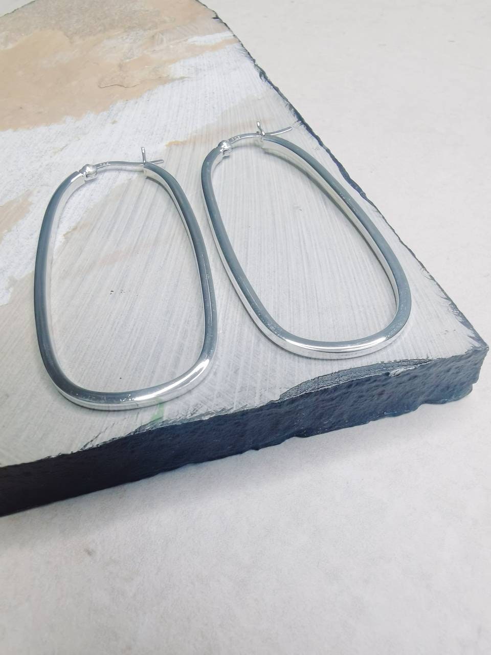 Big Silver 925 Hoop Earrings, Geometric Earrings, Oval Shape, Minimalist Earrings, Silver Earrings 55mm, Gift