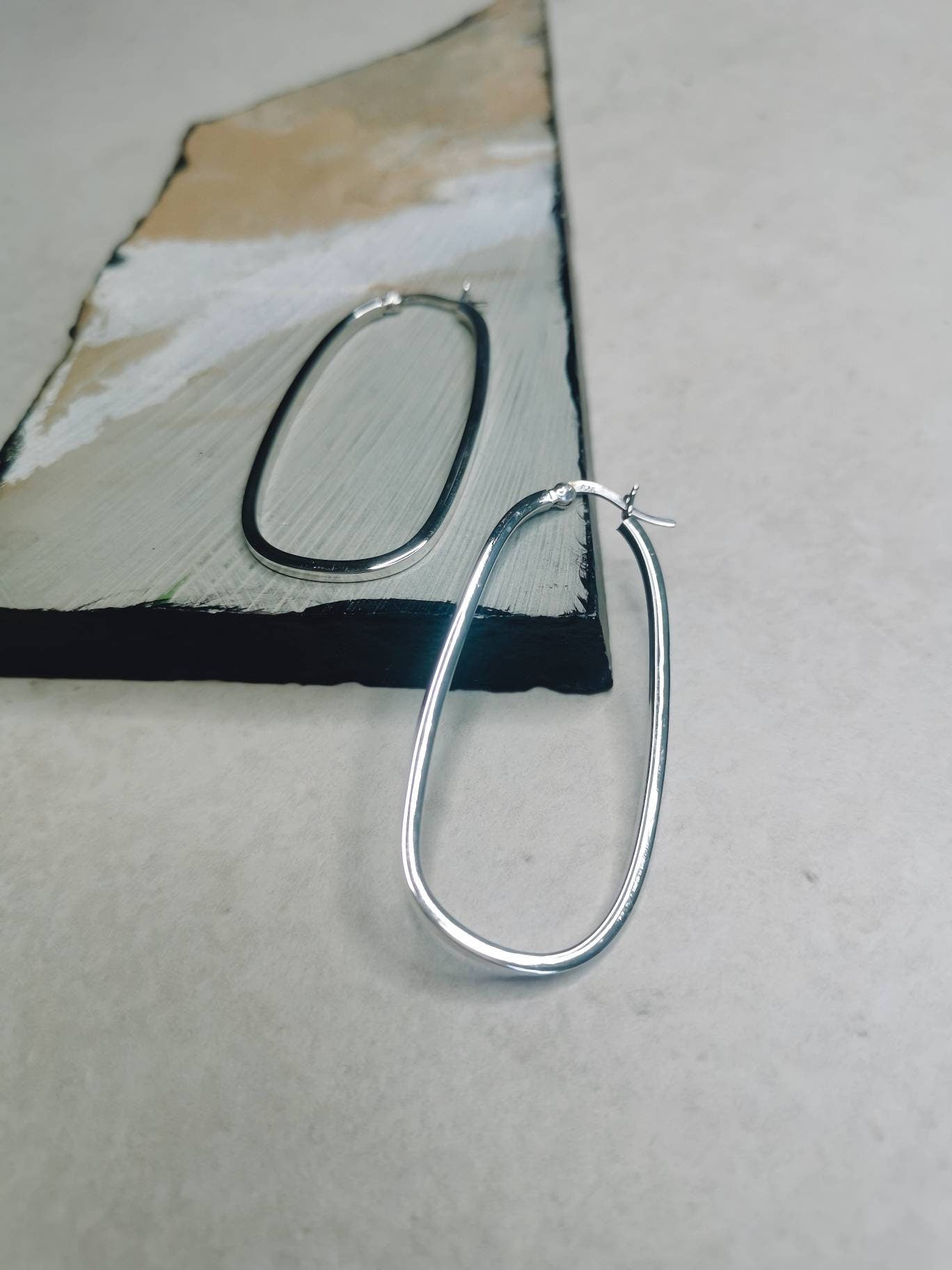 Big Silver 925 Hoop Earrings, Geometric Earrings, Oval Shape, Minimalist Earrings, Silver Earrings 55mm, Gift