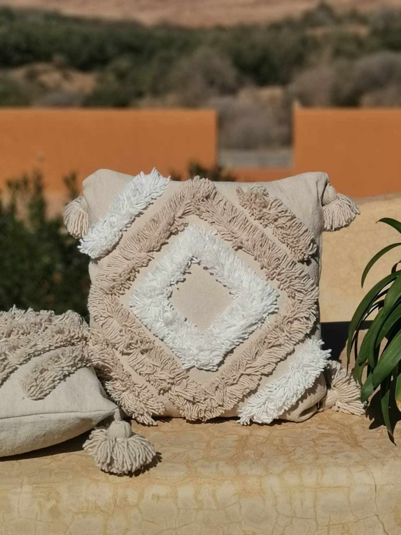 Boho Kissenbezug 50x50 cm, Boho Kissen aus Baumwolle und Wolle, Kissen mit Pom Pom, Quasten und Fransen, HippieEthno Kissenhülle