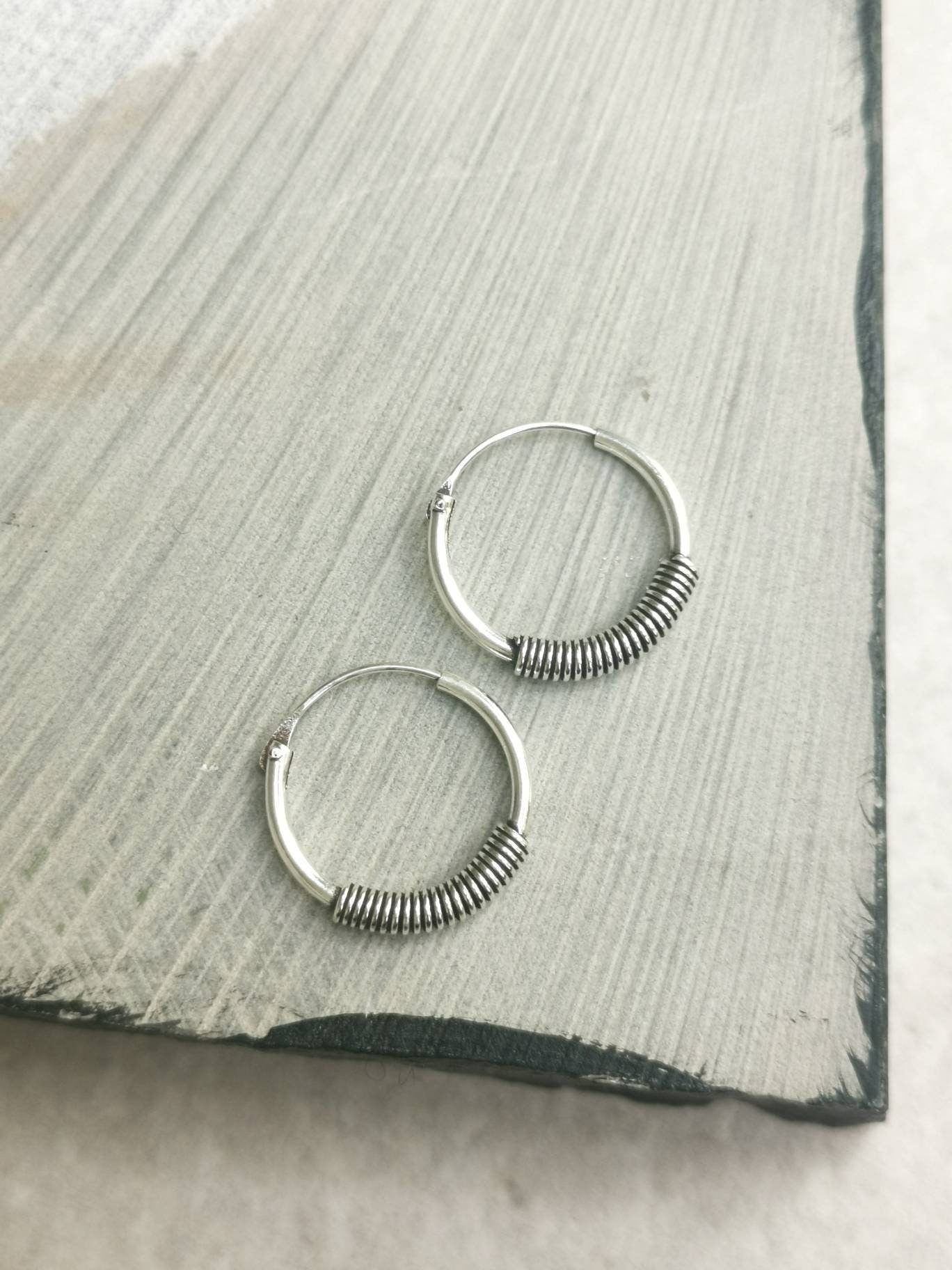 Sterling Silber Bali Creolen, 925 Silber Creolen, Creolen 14mm, Ohrringe Silber 925, Boho Hippie Creolen, Bali Creolen,Mini Creolen