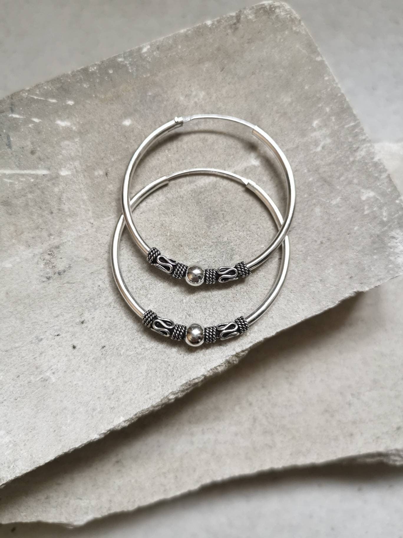 Bali Creolen 40mm aus 925 Silber, Sterling Silber Creolen, Ohrringe Silber 925, Boho Hippie Creolen