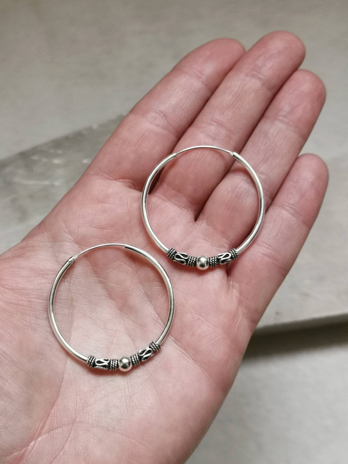 Bali Creolen 40mm aus 925 Silber, Sterling Silber Creolen, Ohrringe Silber 925, Boho Hippie Creolen