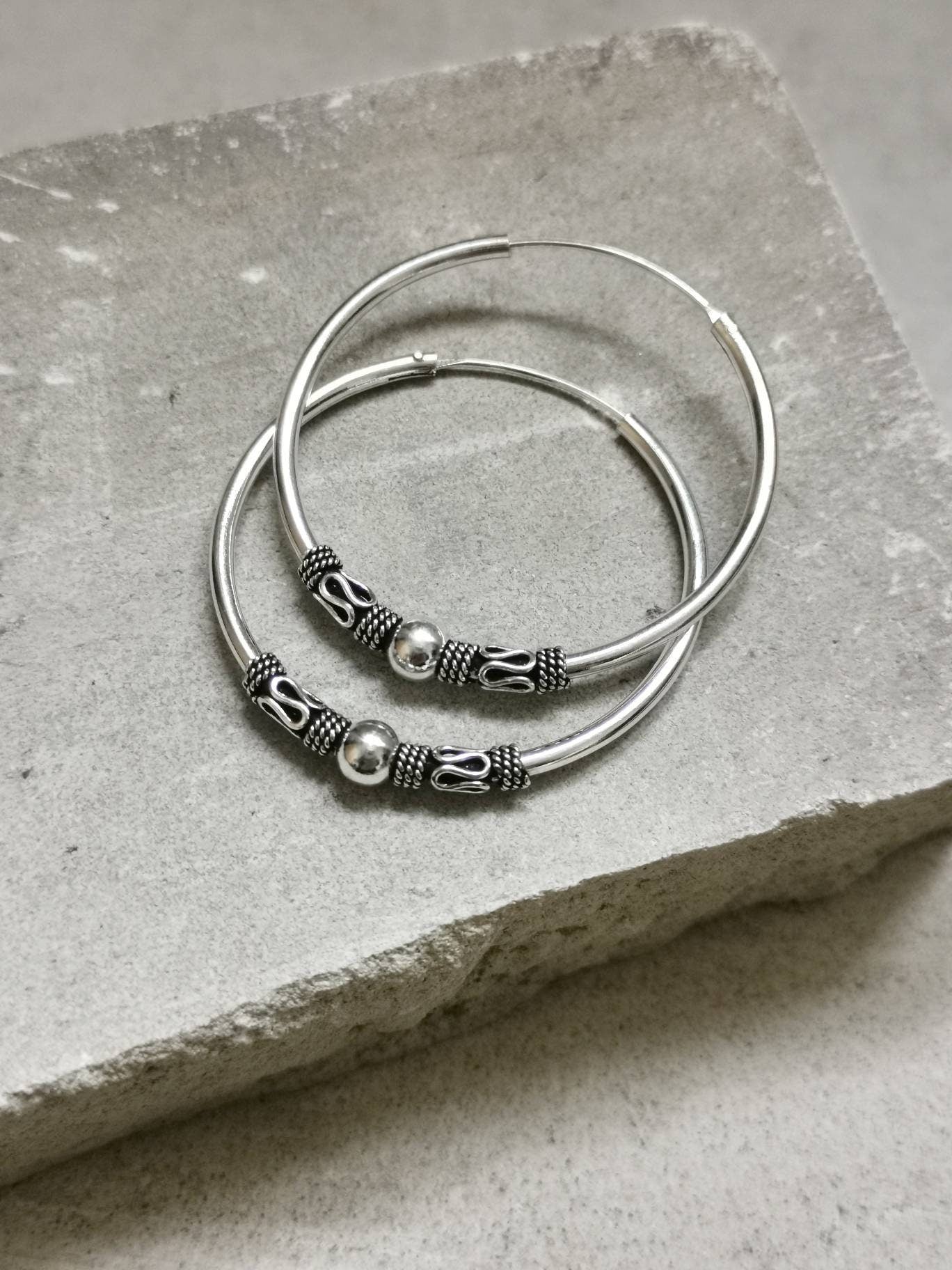 Bali Creolen 40mm aus 925 Silber, Sterling Silber Creolen, Ohrringe Silber 925, Boho Hippie Creolen